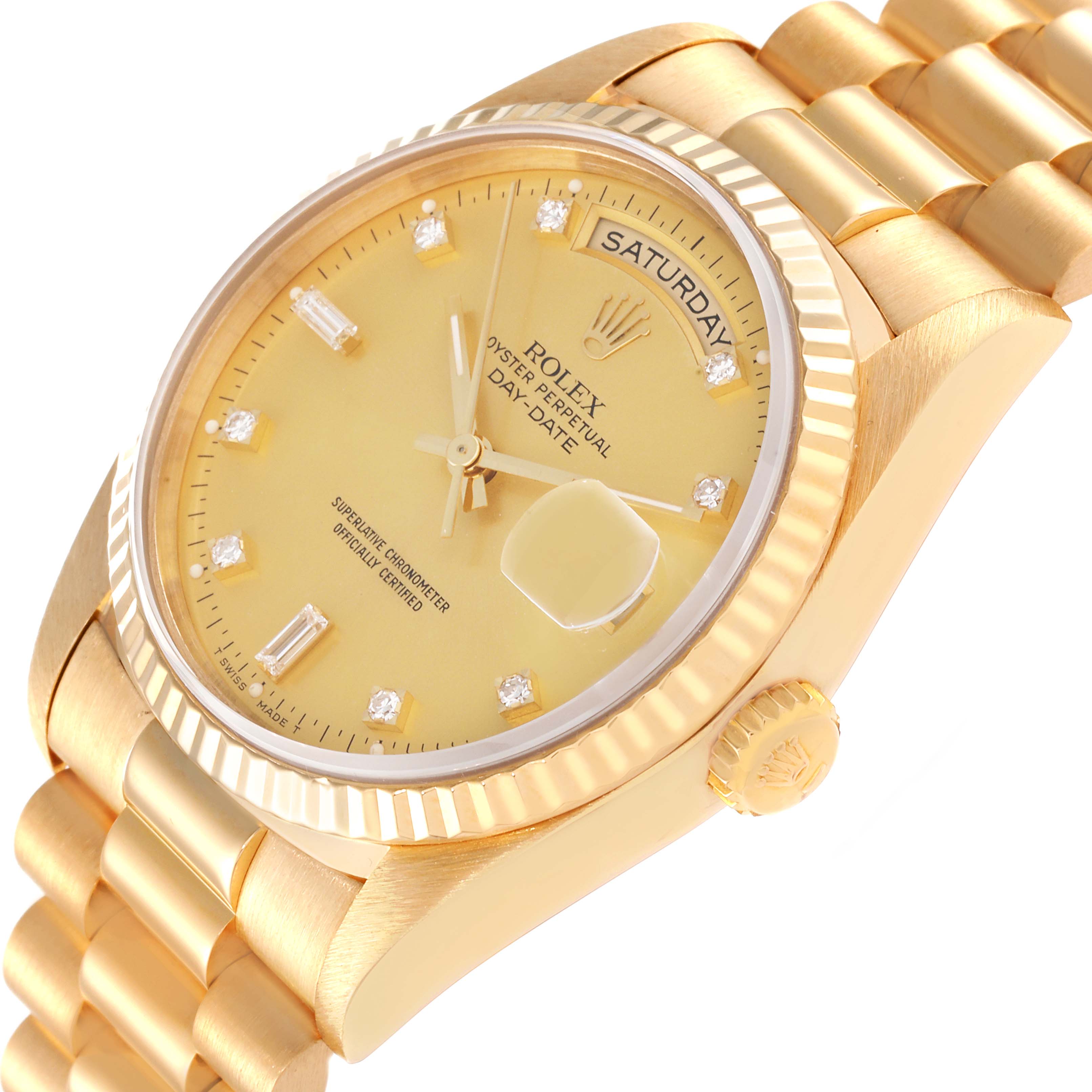 The image shows a close-up side angle of a Rolex President 18238 Men's Yellow Gold Champagne Dial 18238 Men's Yellow Gold Champagne Dial model watch, highlighting its golden bezel, dial, and bracelet.
