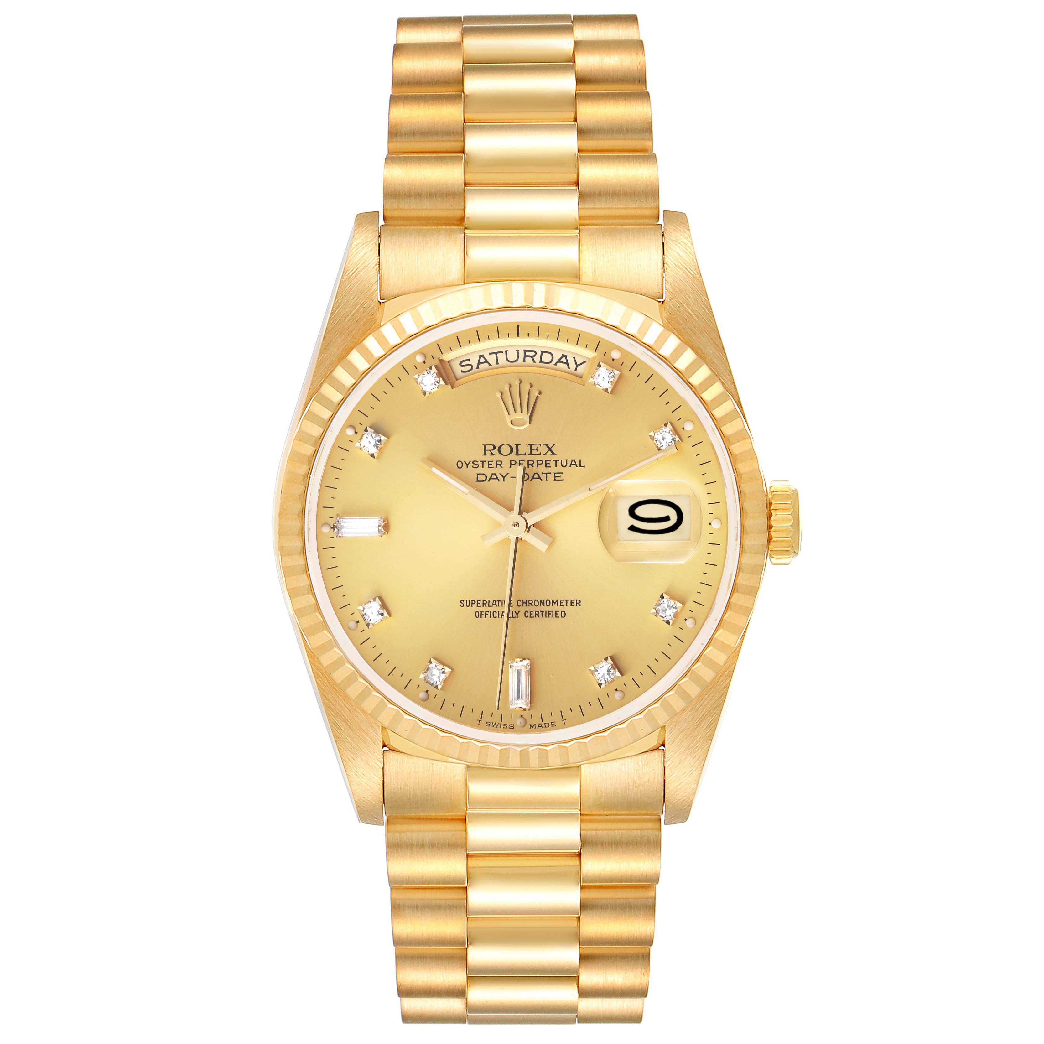 The image shows a front view of a Rolex President 18238 Men's Yellow Gold Champagne Dial 18238 Men's Yellow Gold Champagne Dial model watch, showcasing the face, dial, crown, and bracelet.