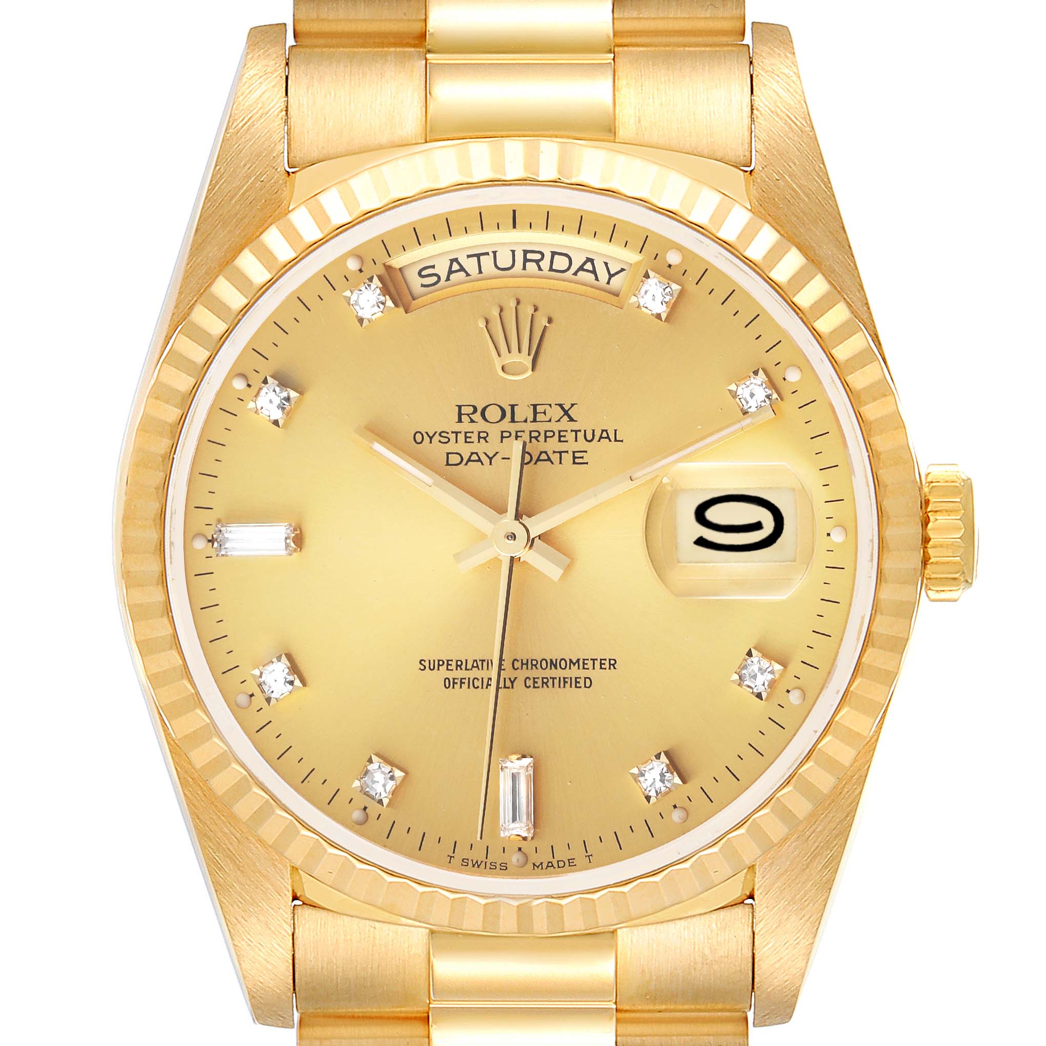 The Rolex President 18238 Men's Yellow Gold Champagne Dial 18238 Men's Yellow Gold Champagne Dial watch is shown from the front, highlighting its gold dial, fluted bezel, day and date displays, and diamond hour markers.