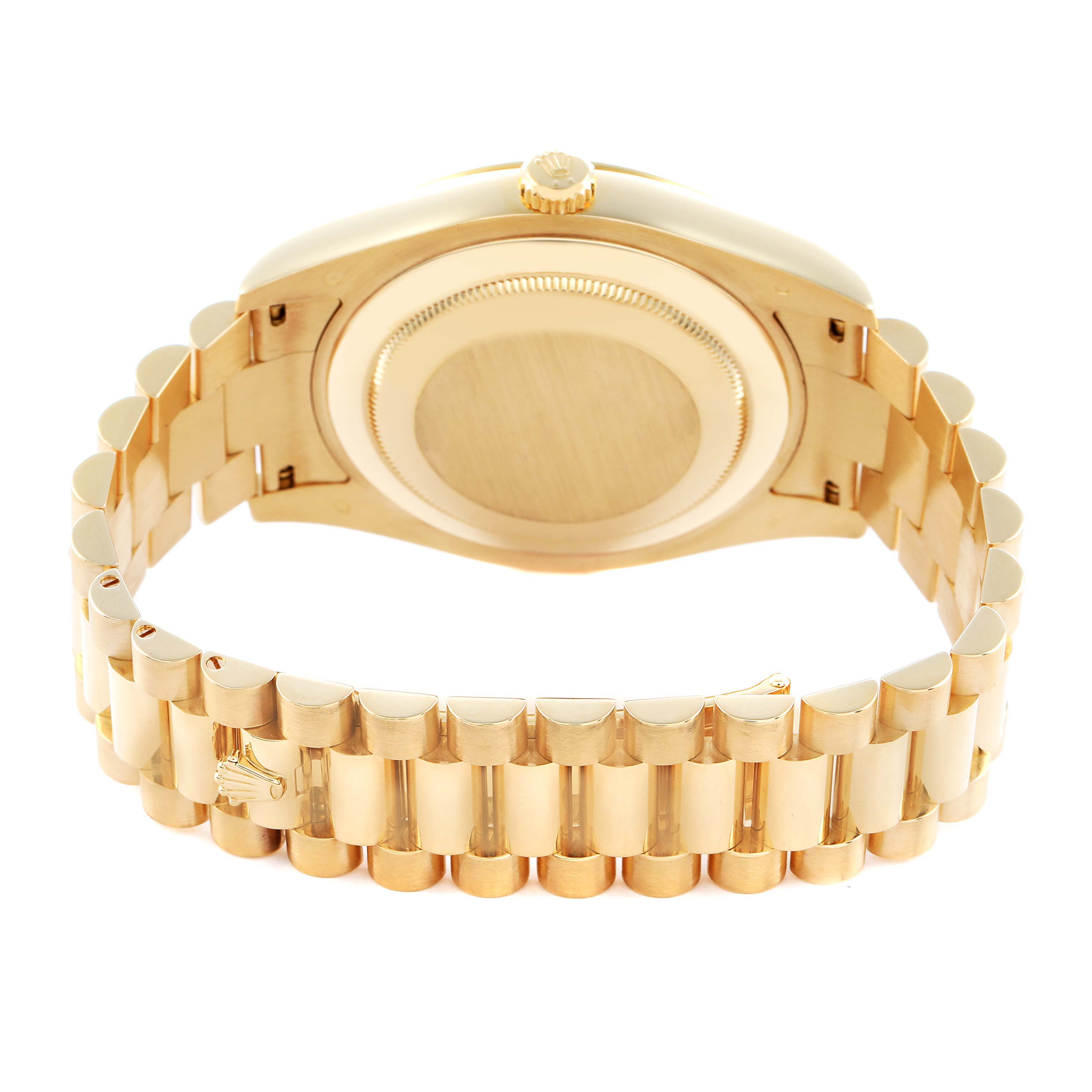 The image shows the back and bracelet of a Rolex President 218238 Men
s Yellow Gold Champagne Dial model, highlighting the case back and links.