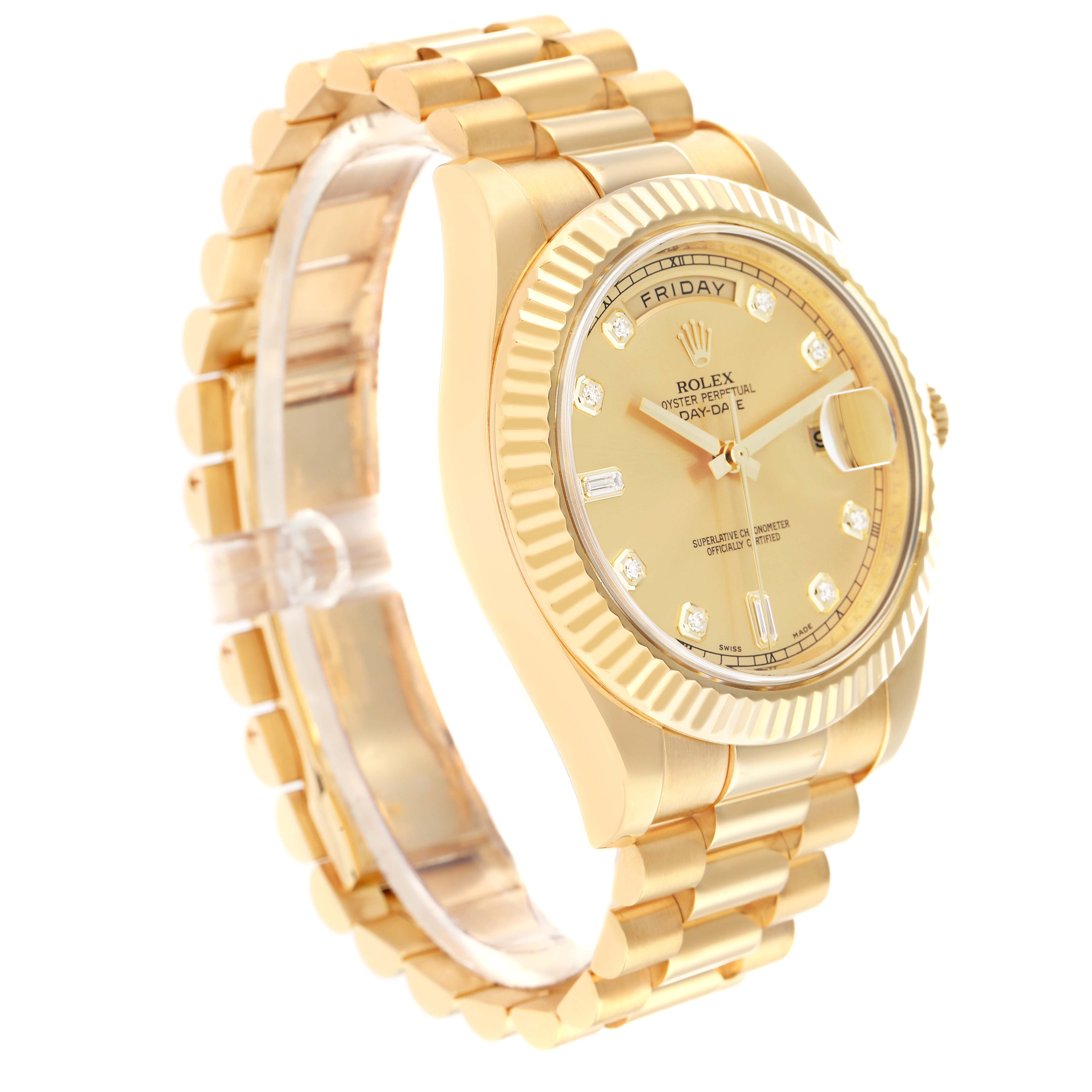 The Rolex President 218238 Men
s Yellow Gold Champagne Dial model is shown at a three-quarter angle, highlighting its dial, bezel, and bracelet.