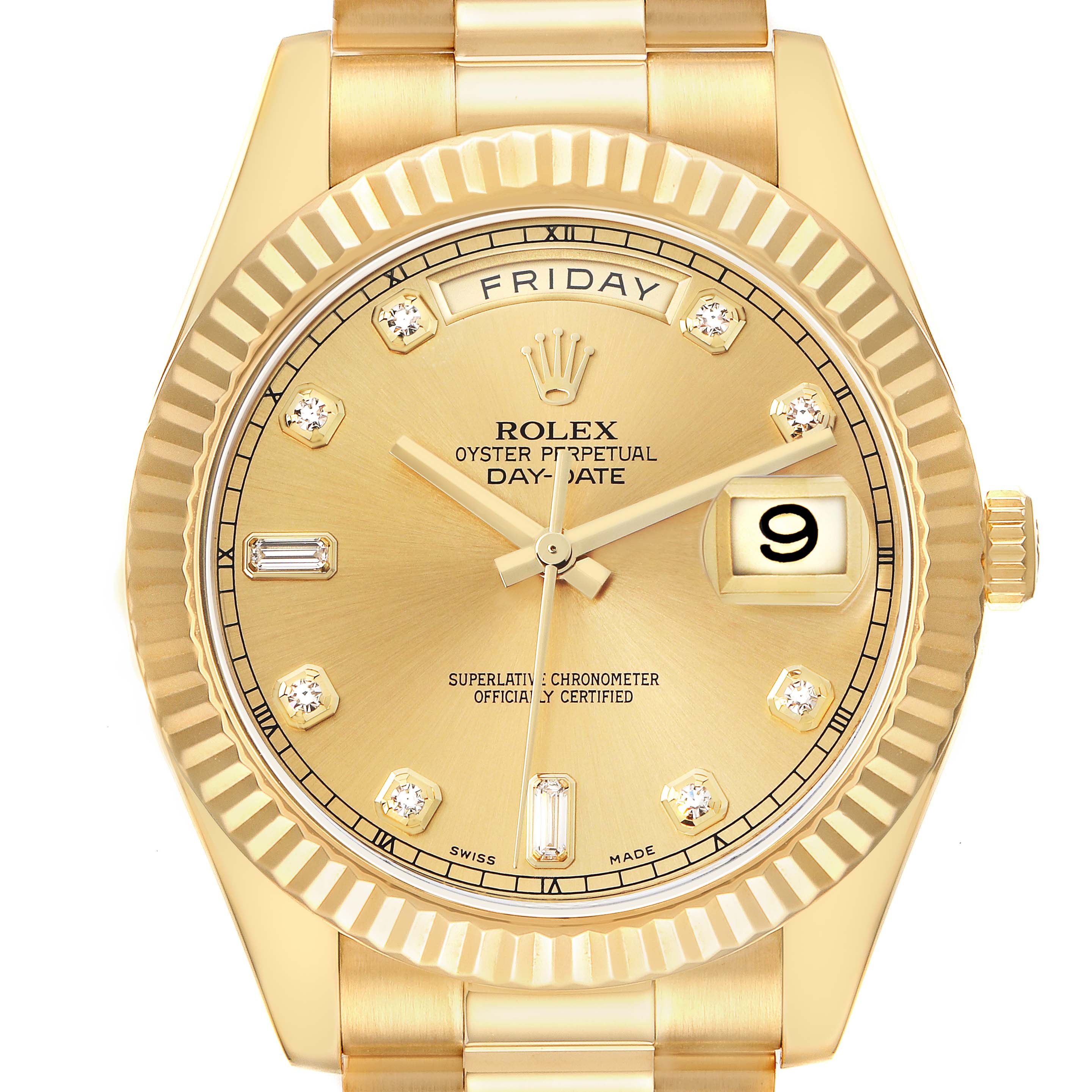 The image shows a Rolex President 218238 Men
s Yellow Gold Champagne Dial model watch from a front angle, displaying the dial, day-date feature, and bezel.