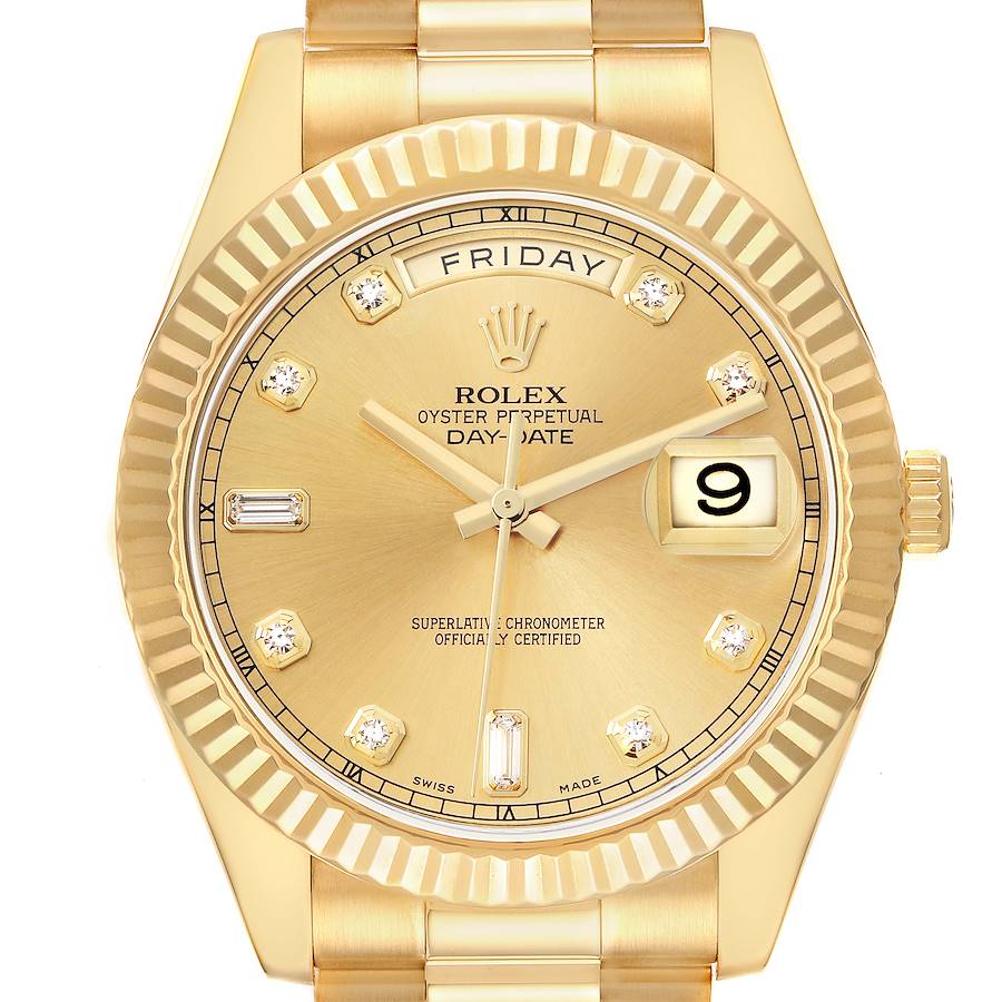 The image shows a Rolex President 218238 Men's Yellow Gold Champagne Dial model watch from a front angle, displaying the dial, day-date feature, and bezel.
