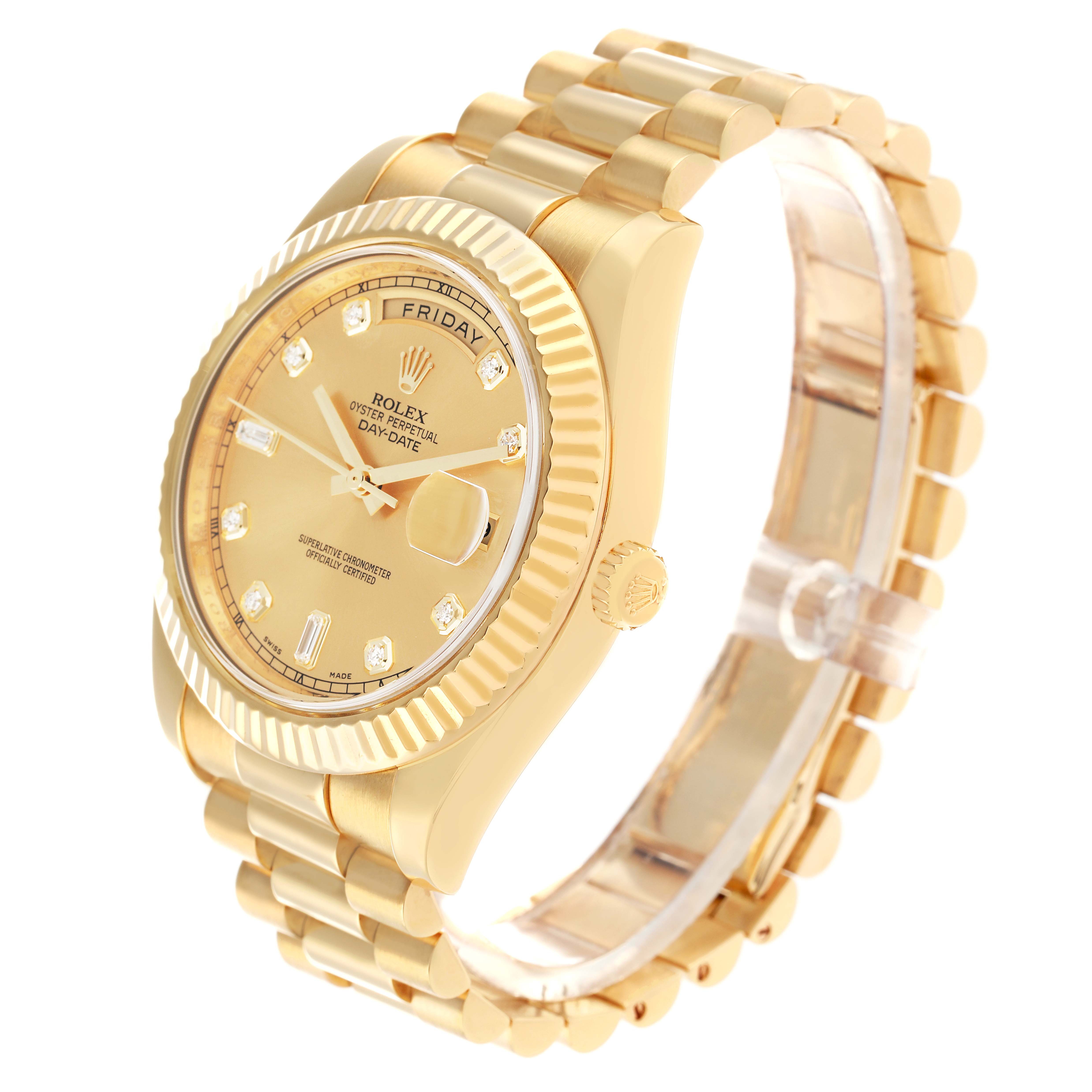 The Rolex President 218238 Men
s Yellow Gold Champagne Dial model is shown at a three-quarter angle, highlighting its face, dial, bezel, and bracelet.