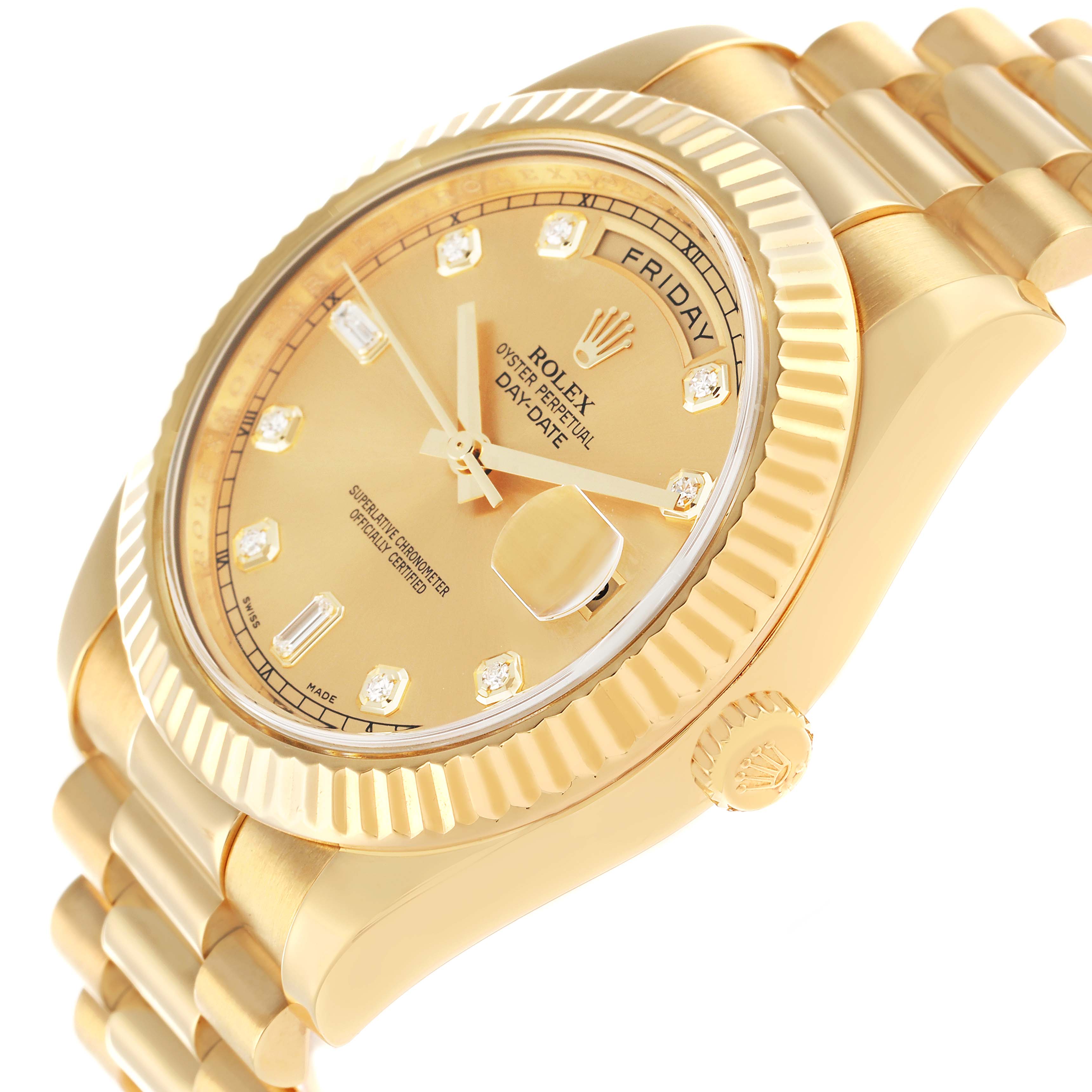 The Rolex President 218238 Men
s Yellow Gold Champagne Dial watch is shown from a slightly angled side view, displaying the bezel, face, crown, and bracelet.