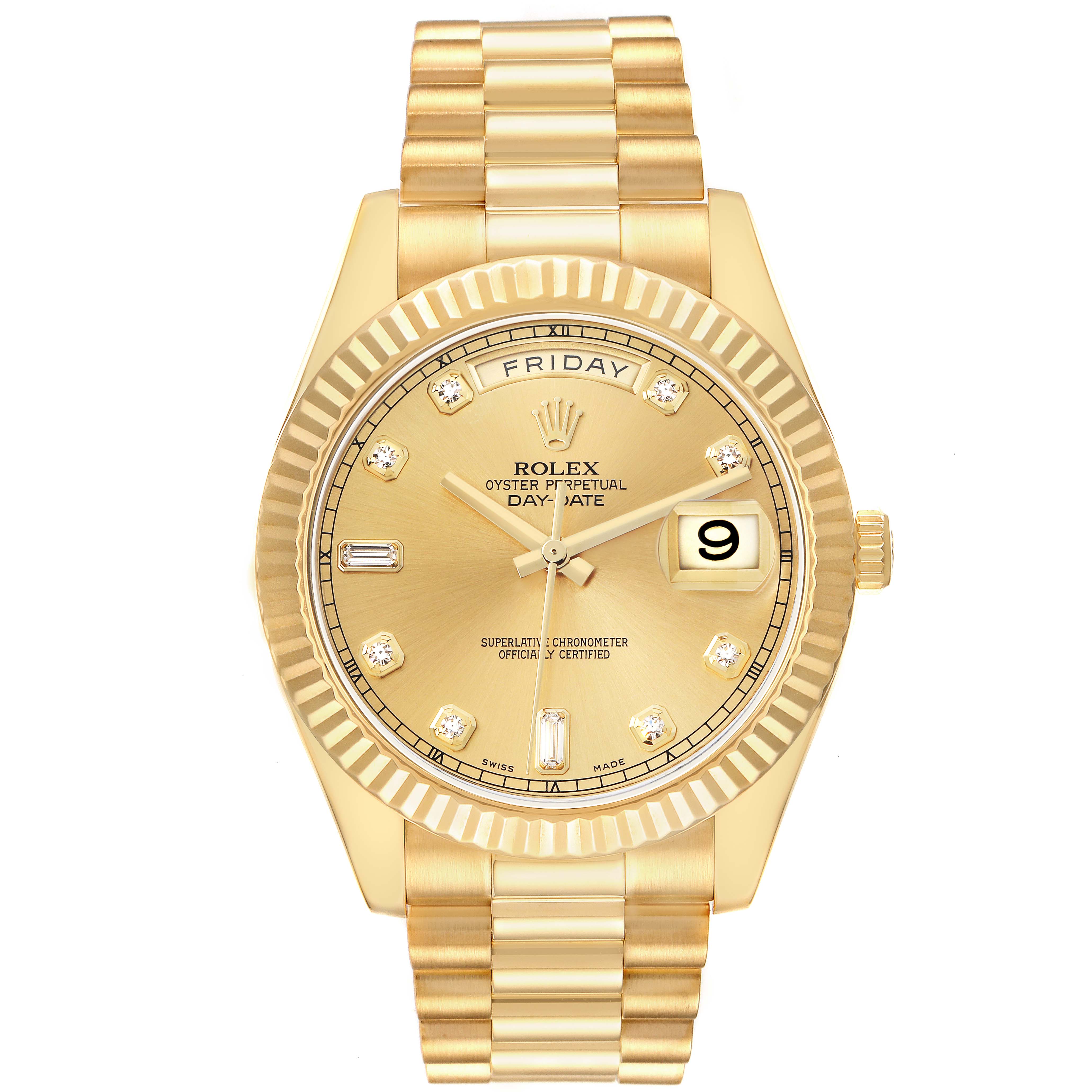 The image shows a frontal view of the Rolex President 218238 Men
s Yellow Gold Champagne Dial model, featuring a gold dial and bracelet, with day and date display.