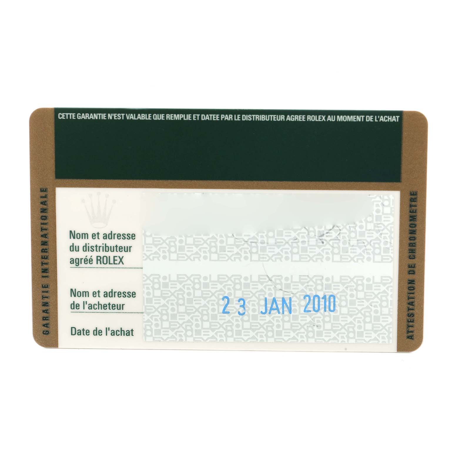 The image shows an international guarantee card for the Rolex President 218238 Men
s Yellow Gold Champagne Dial model, detailing purchase information.