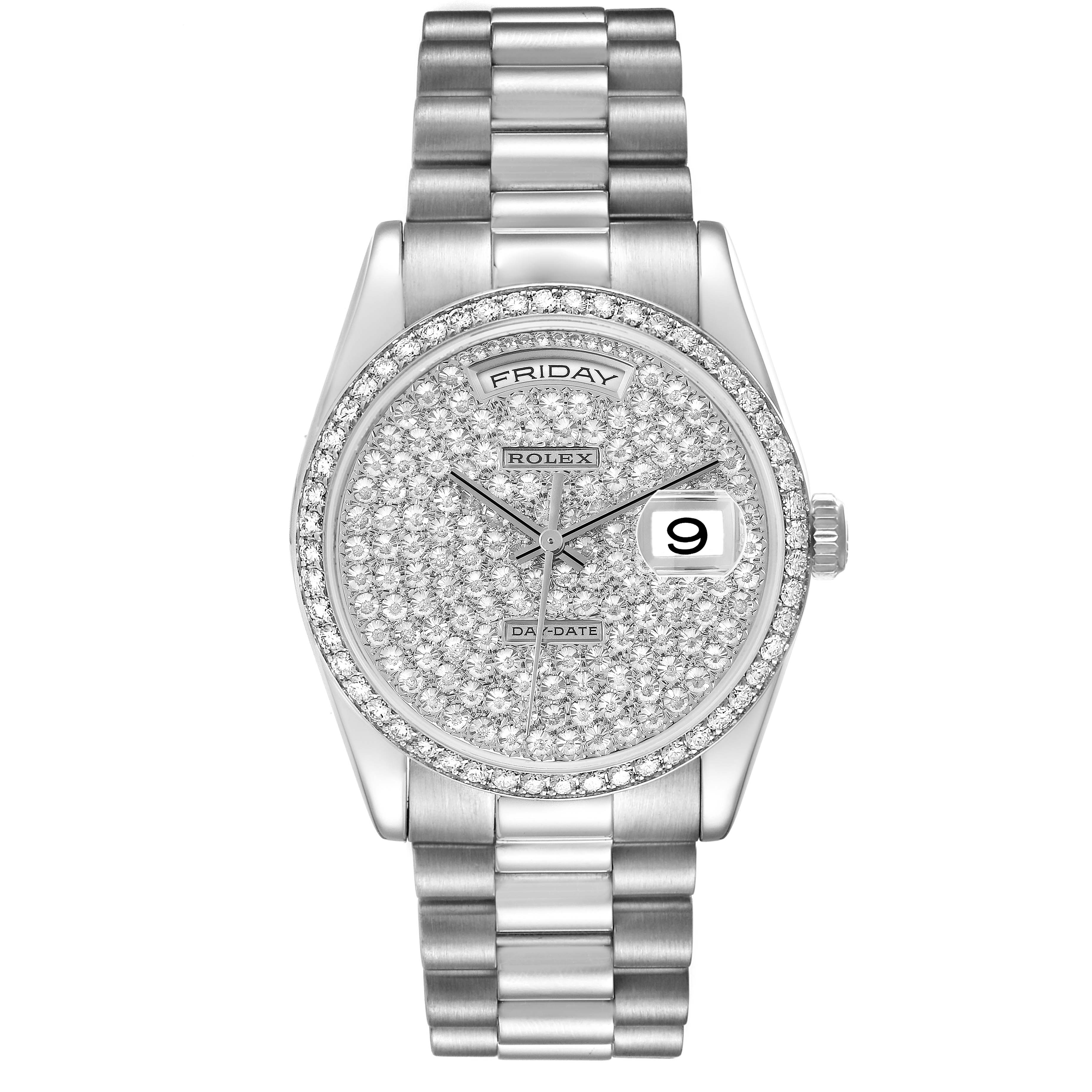 The Rolex President 118346 Men
s Platinum Silver Dial model watch is shown from a front angle, displaying its diamond-studded dial, bezel, day, and date features.