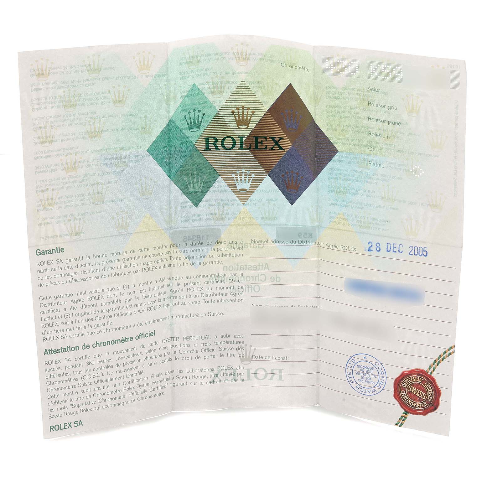 This image shows the warranty and Best Quality
ity papers for a Rolex President 118346 Men
s Platinum Silver Dial watch, displaying the brand
s logo and details.