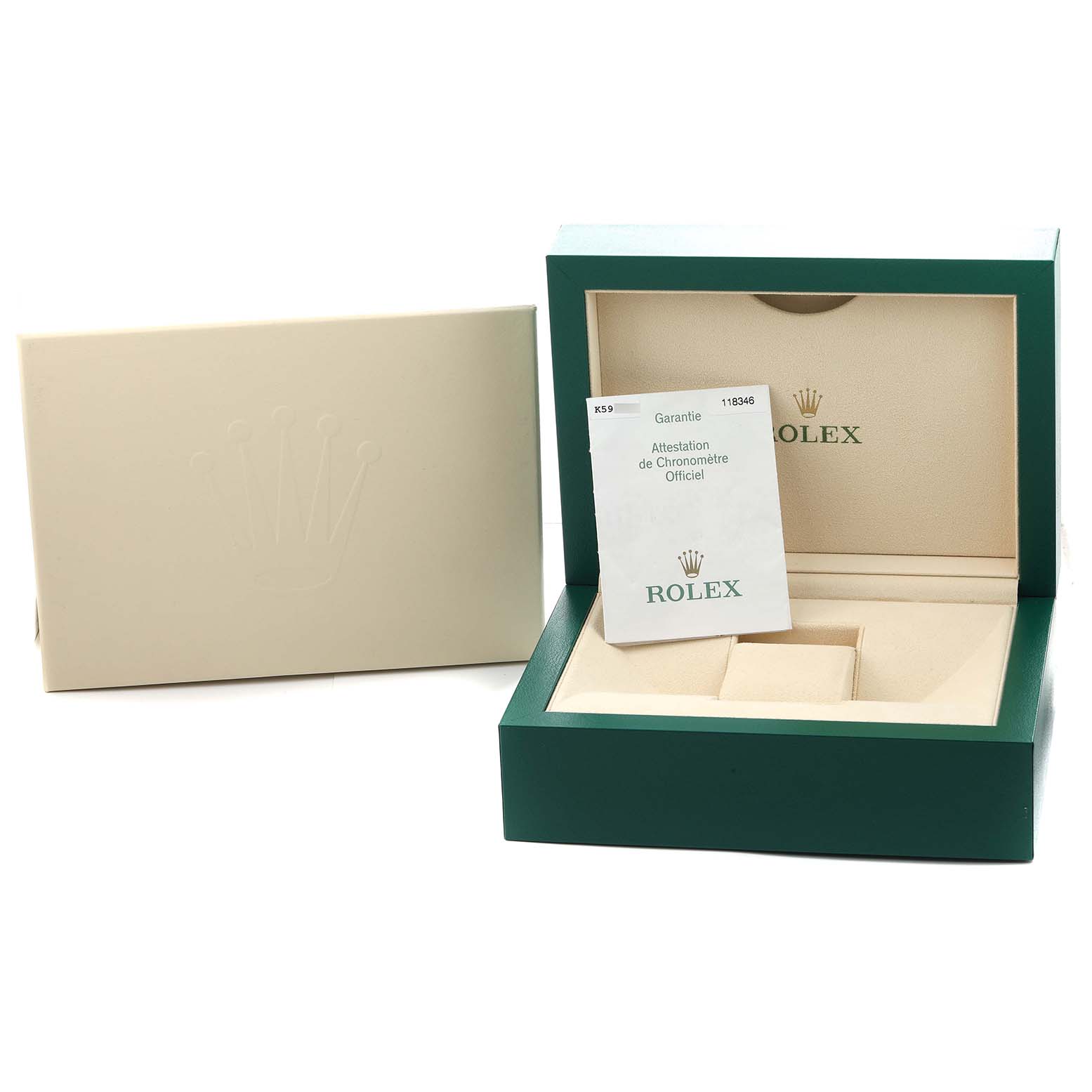 The image shows an open Rolex President 118346 Men
s Platinum Silver Dial model box with warranty cards and an outer box, viewed from the front.