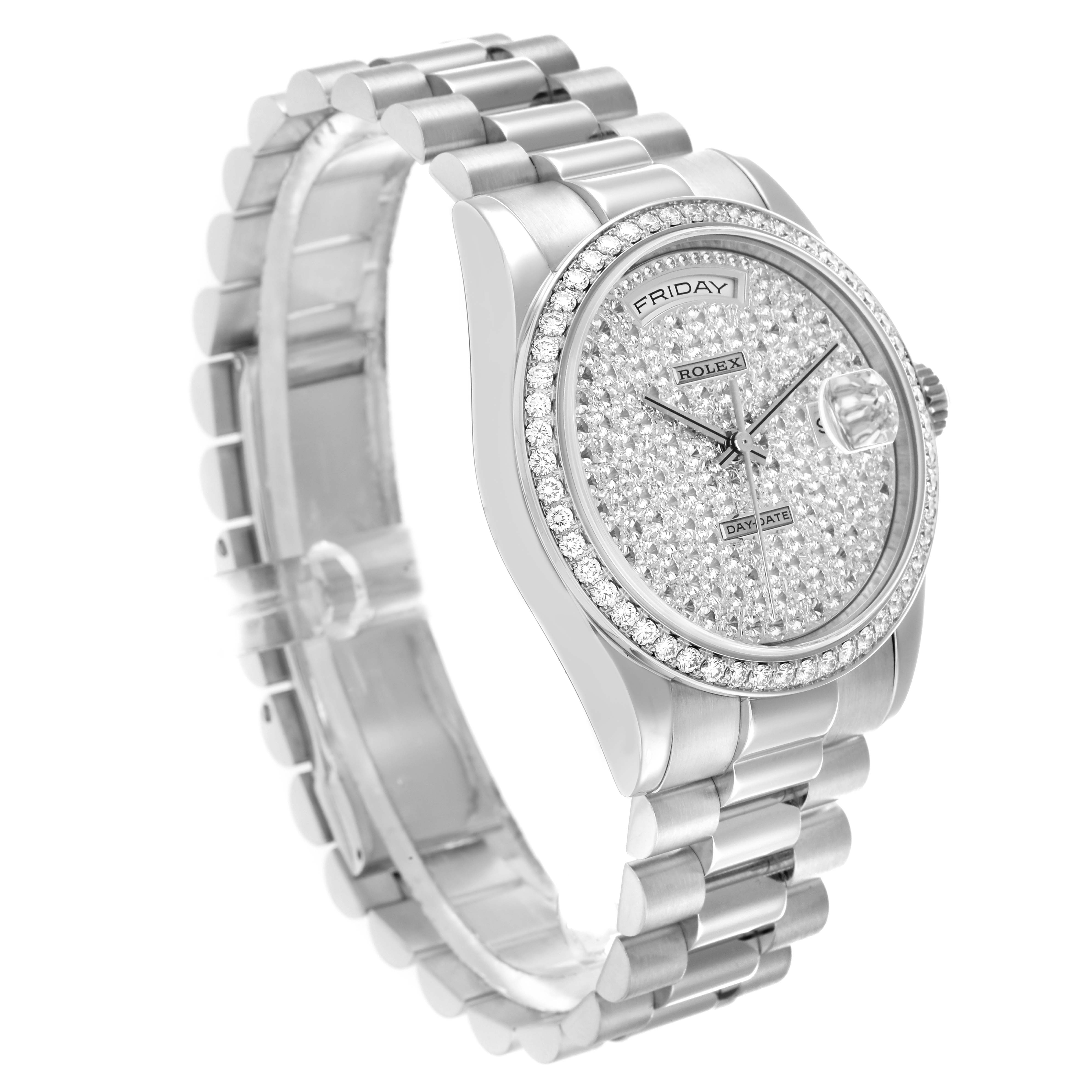 The Rolex President 118346 Men
s Platinum Silver Dial model is shown at a three-quarter angle, highlighting the diamond-encrusted dial, bezel, and metal bracelet.