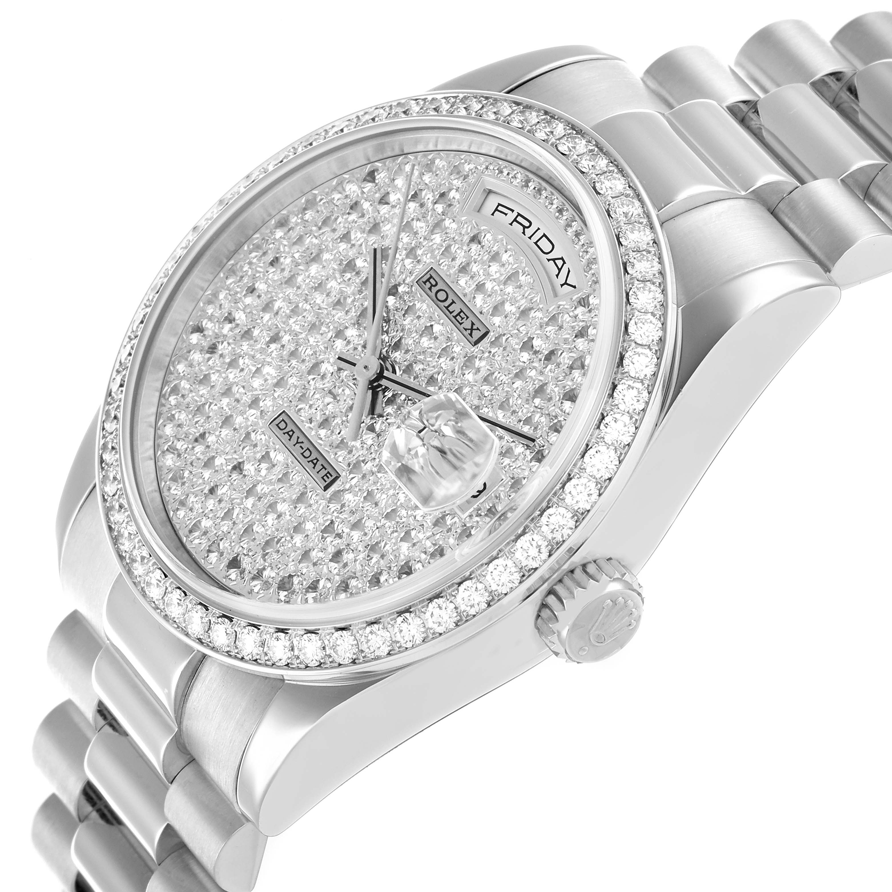 The Rolex President 118346 Men
s Platinum Silver Dial model watch is shown at an angled view, highlighting its diamond-encrusted face, day-date display, and bracelet.