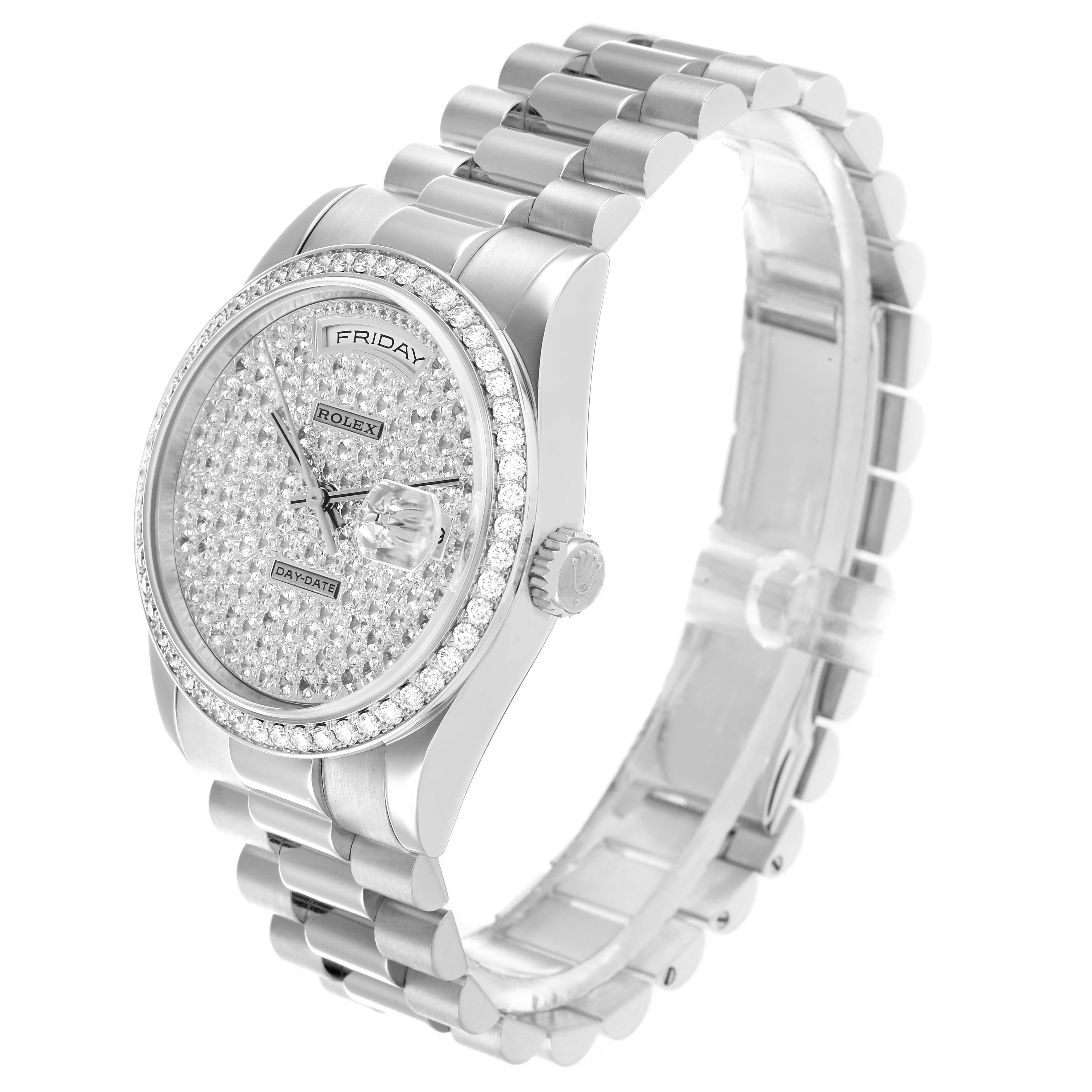 The image shows a Rolex President 118346 Men
s Platinum Silver Dial model watch at a three-quarter angle, highlighting the dial, bezel, bracelet, and crown.