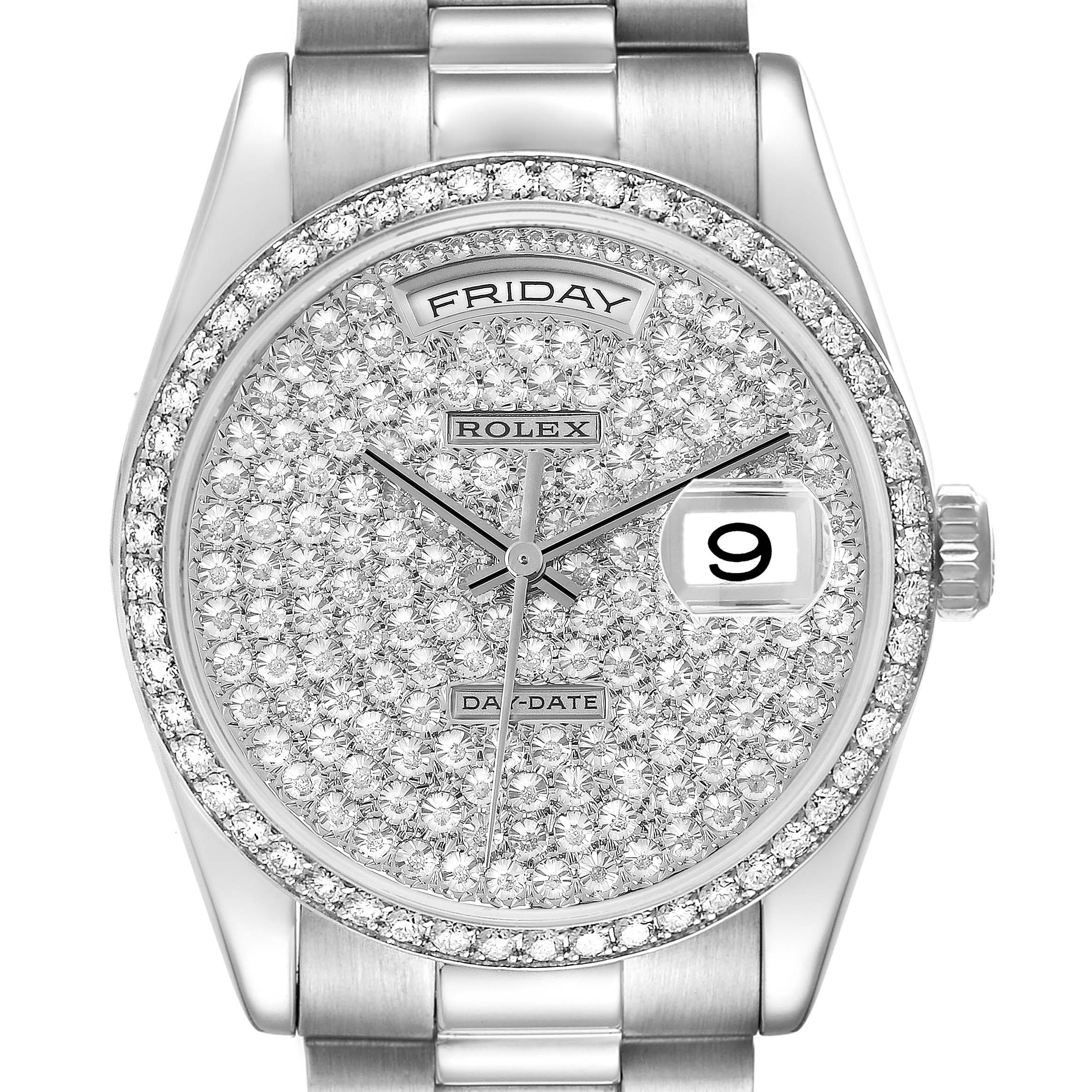The Rolex President 118346 Men
s Platinum Silver Dial model watch is shown from the front, highlighting the diamond-studded dial, day, and date features.