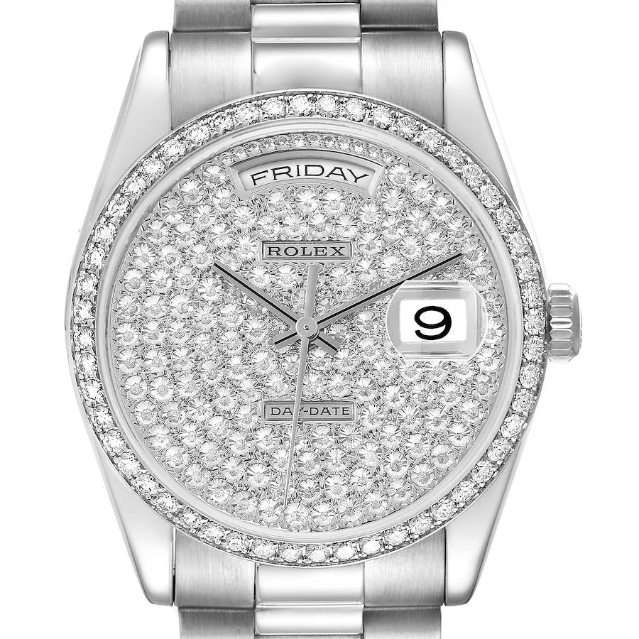 The Rolex President 118346 Men's Platinum Silver Dial model watch is shown from the front, highlighting the diamond-studded dial, day, and date features.