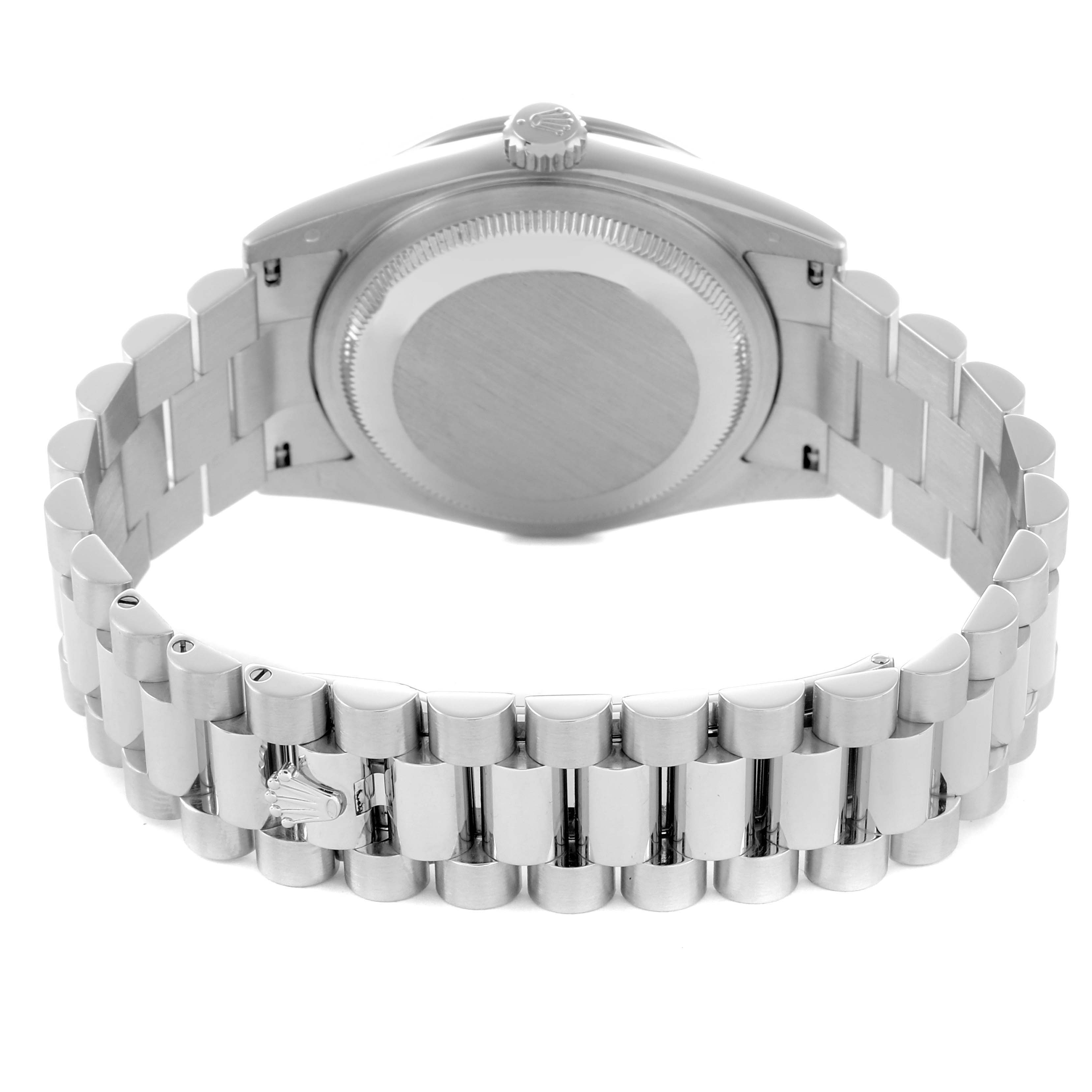 The image shows the back case and bracelet of a Rolex President 118346 Men
s Platinum Silver Dial model, viewed from a rear angle.