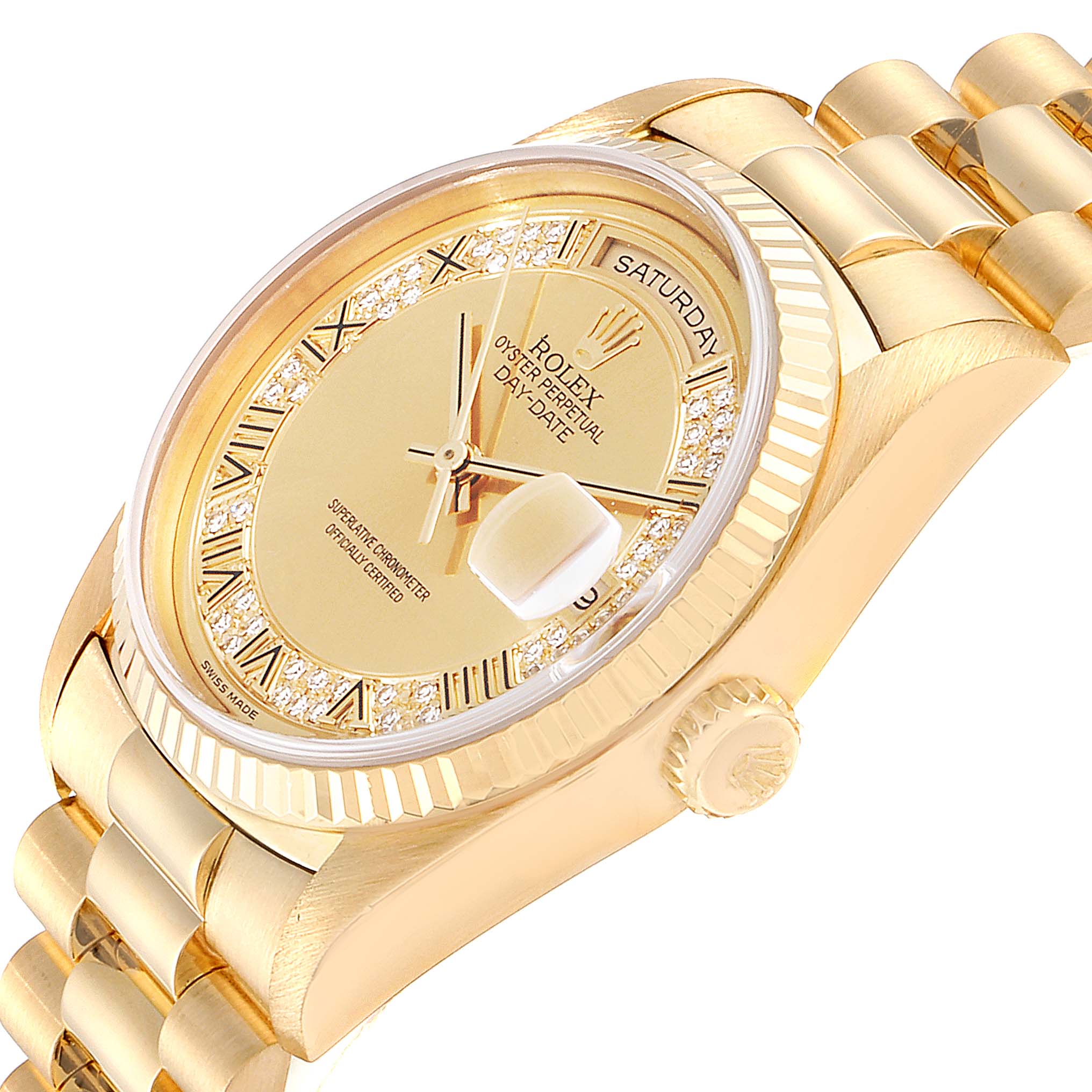 This image shows a side angle view of the Rolex President 18238 Men's Yellow Gold Champagne Dial 18238 Men's Yellow Gold Champagne Dial model, displaying the gold case, bracelet, and detailed watch face.