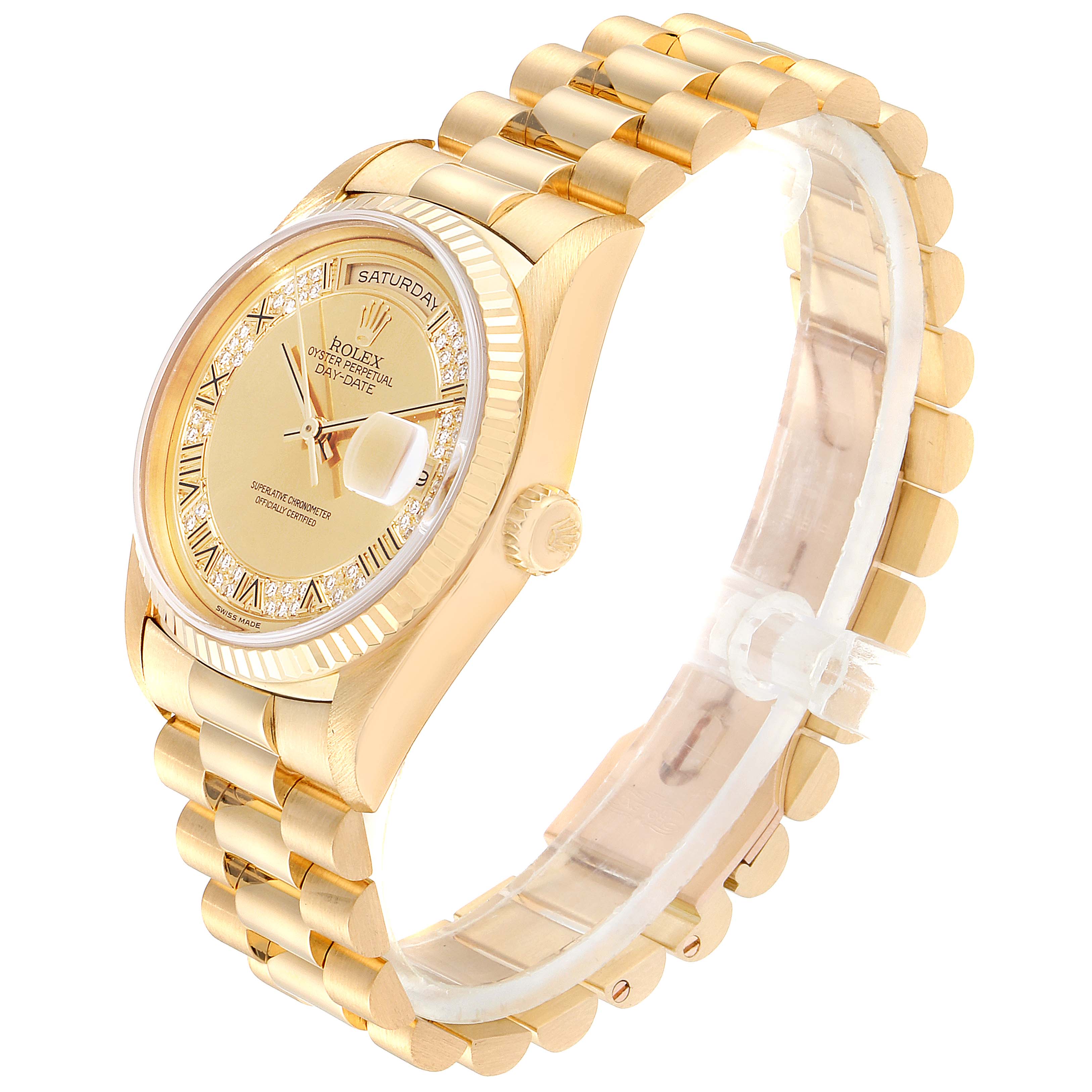 This image shows a Rolex President 18238 Men's Yellow Gold Champagne Dial 18238 Men's Yellow Gold Champagne Dial model watch angled to display the face, bezel, and bracelet.