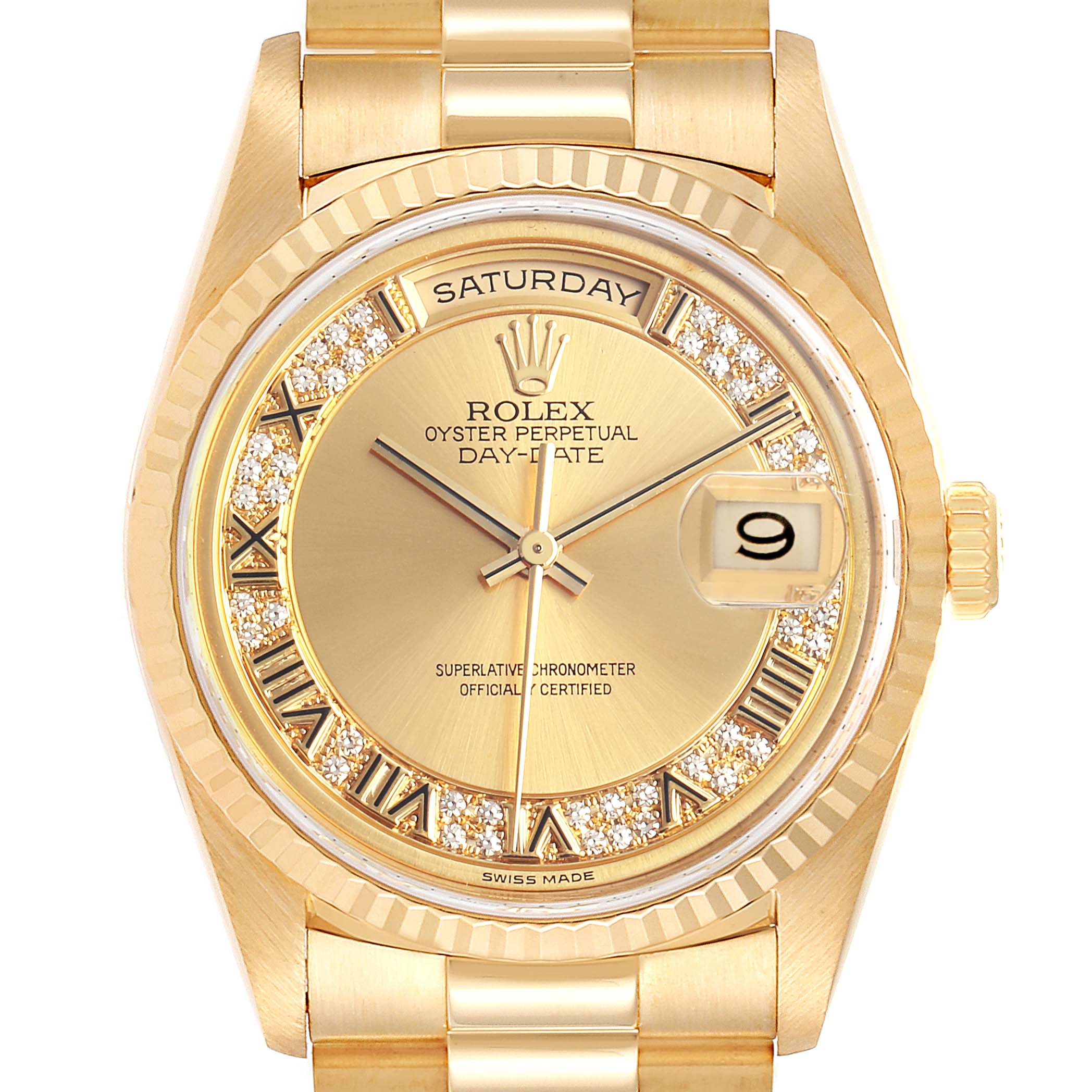 This image shows a front close-up of the Rolex President 18238 Men's Yellow Gold Champagne Dial 18238 Men's Yellow Gold Champagne Dial model watch, highlighting its gold dial, date window, and bracelet.