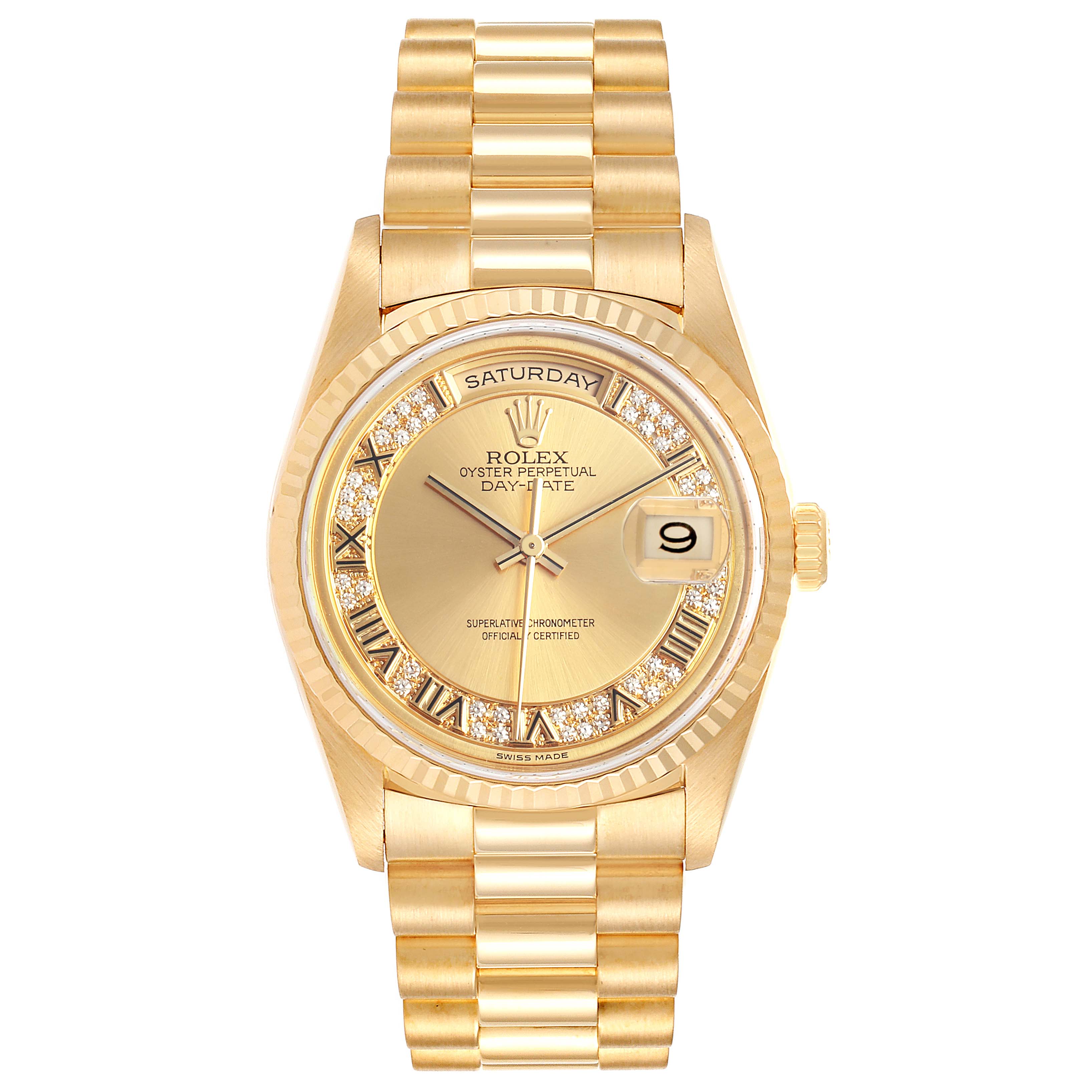 The image shows a Rolex President 18238 Men's Yellow Gold Champagne Dial 18238 Men's Yellow Gold Champagne Dial model watch from a front angle, highlighting the dial, bezel, bracelet, and crown.