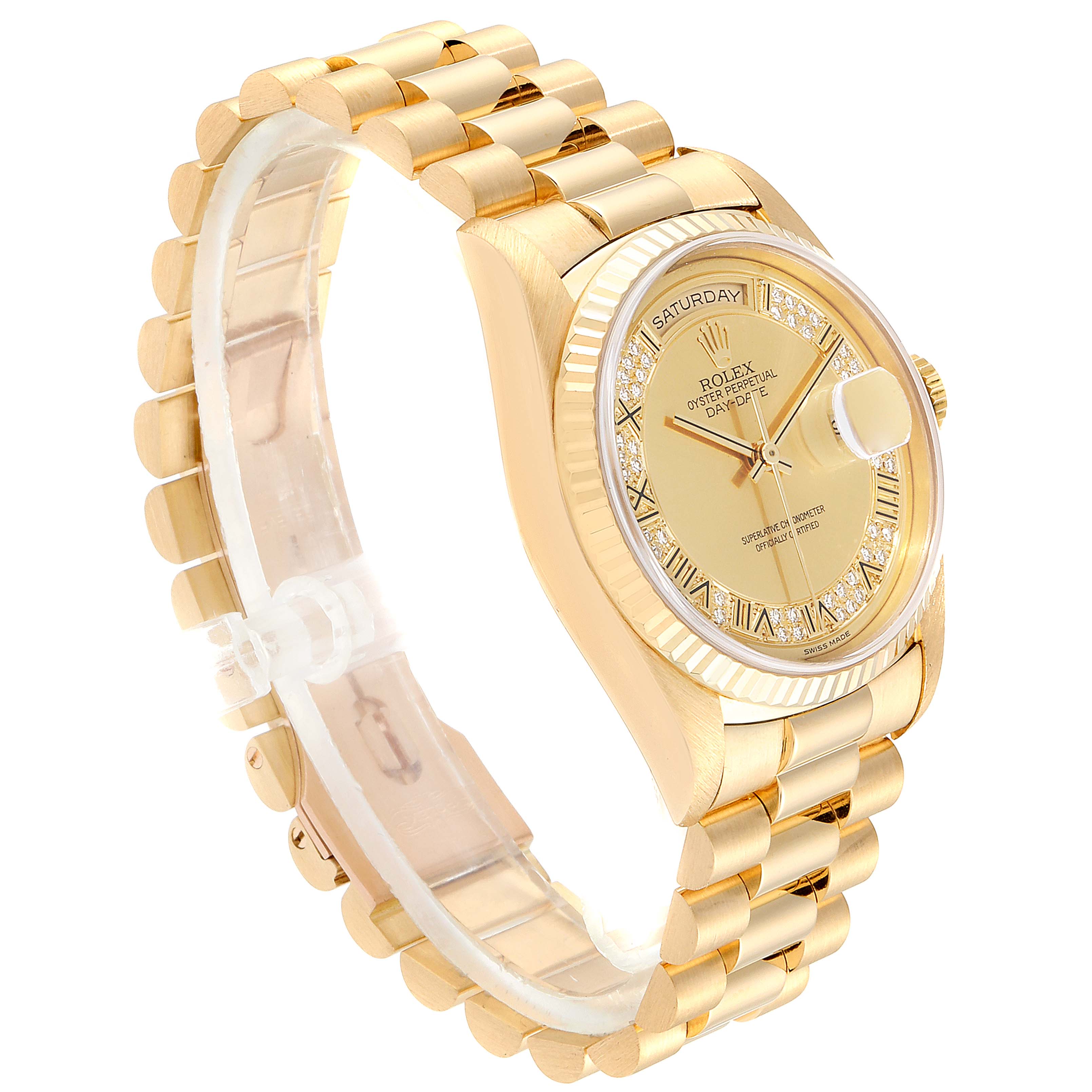 The Rolex President 18238 Men's Yellow Gold Champagne Dial 18238 Men's Yellow Gold Champagne Dial model watch is shown from a three-quarter angle, displaying the face, bezel, and bracelet.