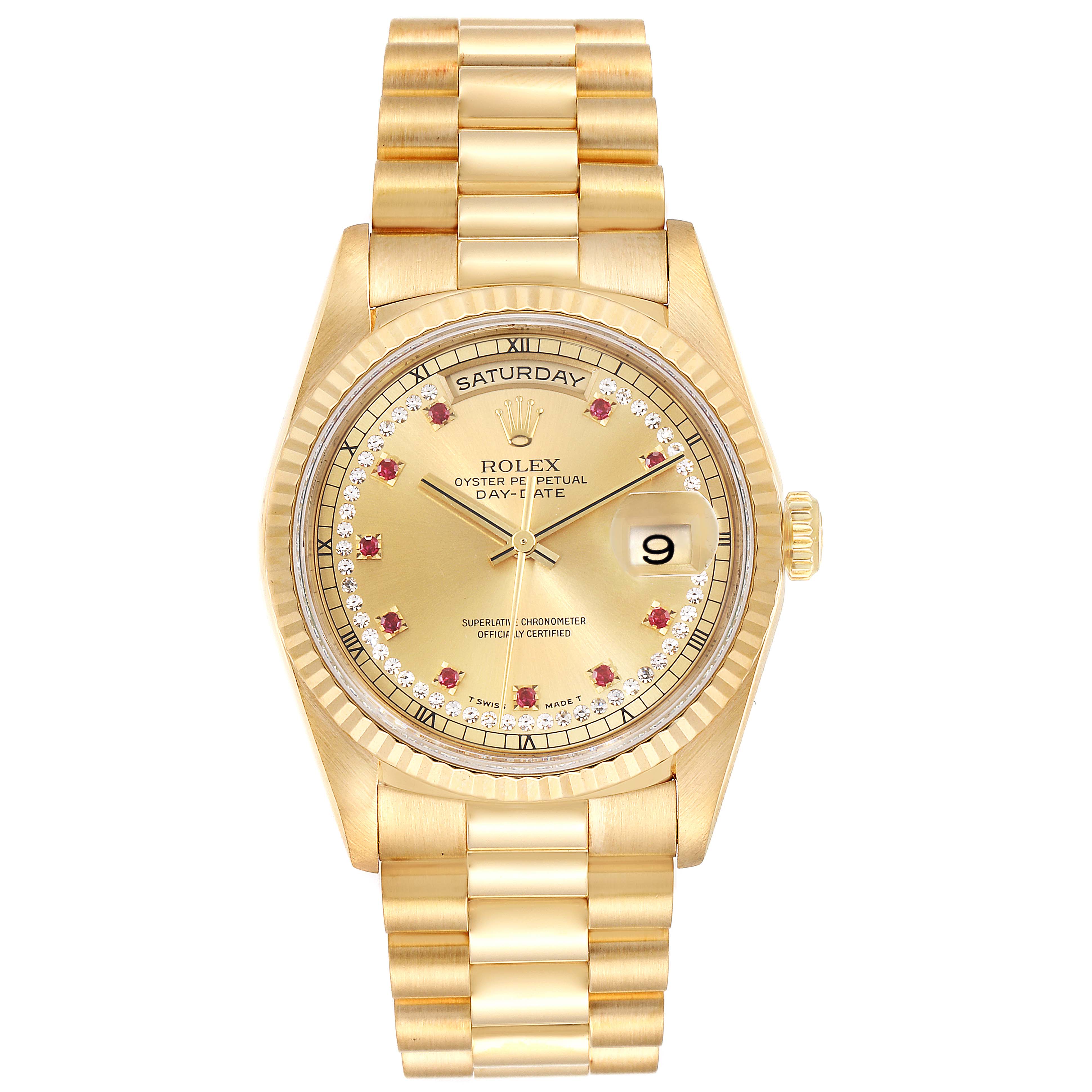 The image shows a front view of a Rolex President 18238 Men
s Yellow Gold Champagne Dial 18238 Men
s Yellow Gold Champagne Dial model watch, displaying the face, bracelet, and bezel.