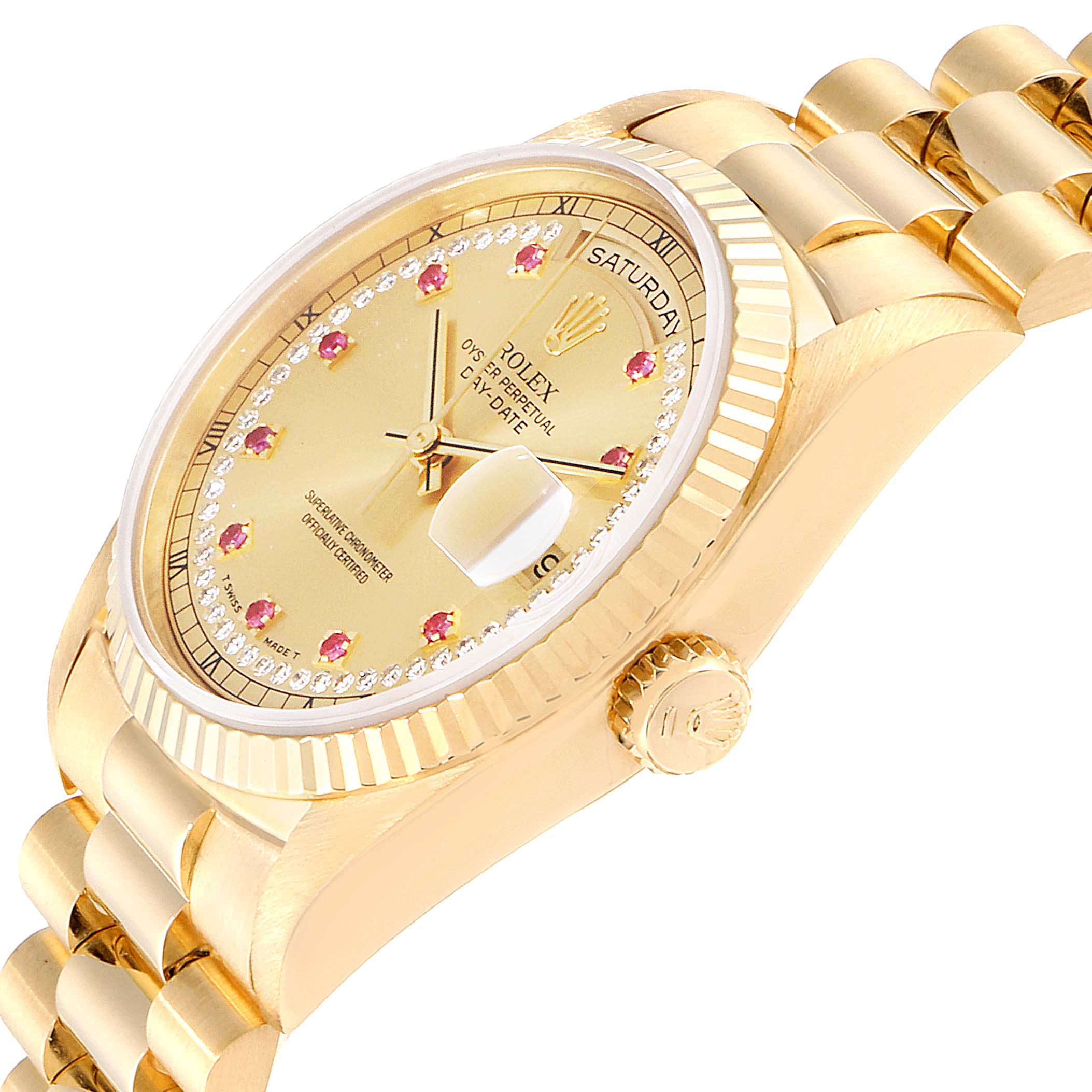 The image shows a side view angle of a Rolex President 18238 Men
s Yellow Gold Champagne Dial 18238 Men
s Yellow Gold Champagne Dial model watch, highlighting its band, crown, and face with a day-date display.