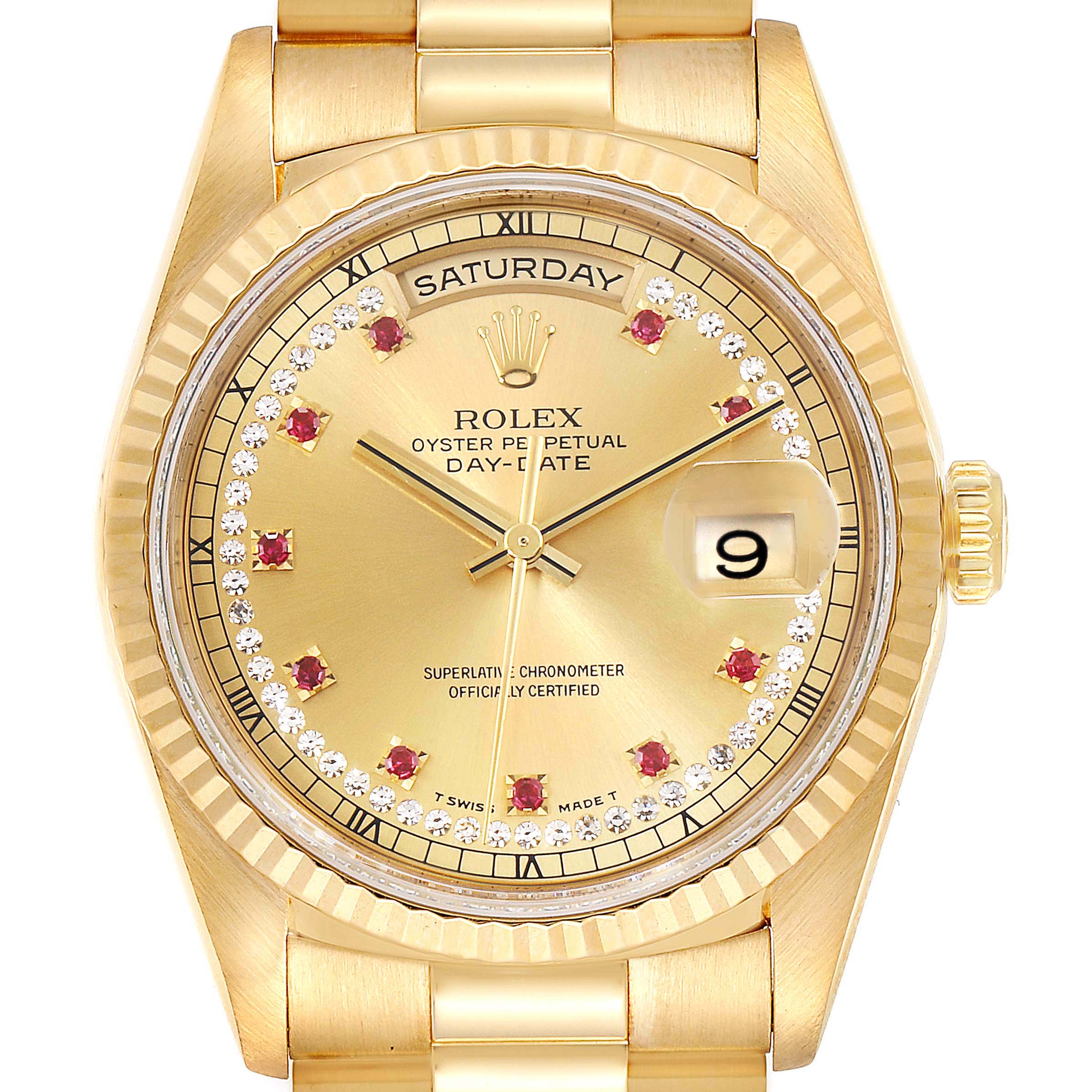 This image shows a frontal view of the Rolex President 18238 Men
s Yellow Gold Champagne Dial 18238 Men
s Yellow Gold Champagne Dial Oyster Perpetual Day-Date watch, highlighting the face, bezel, and bracelet.