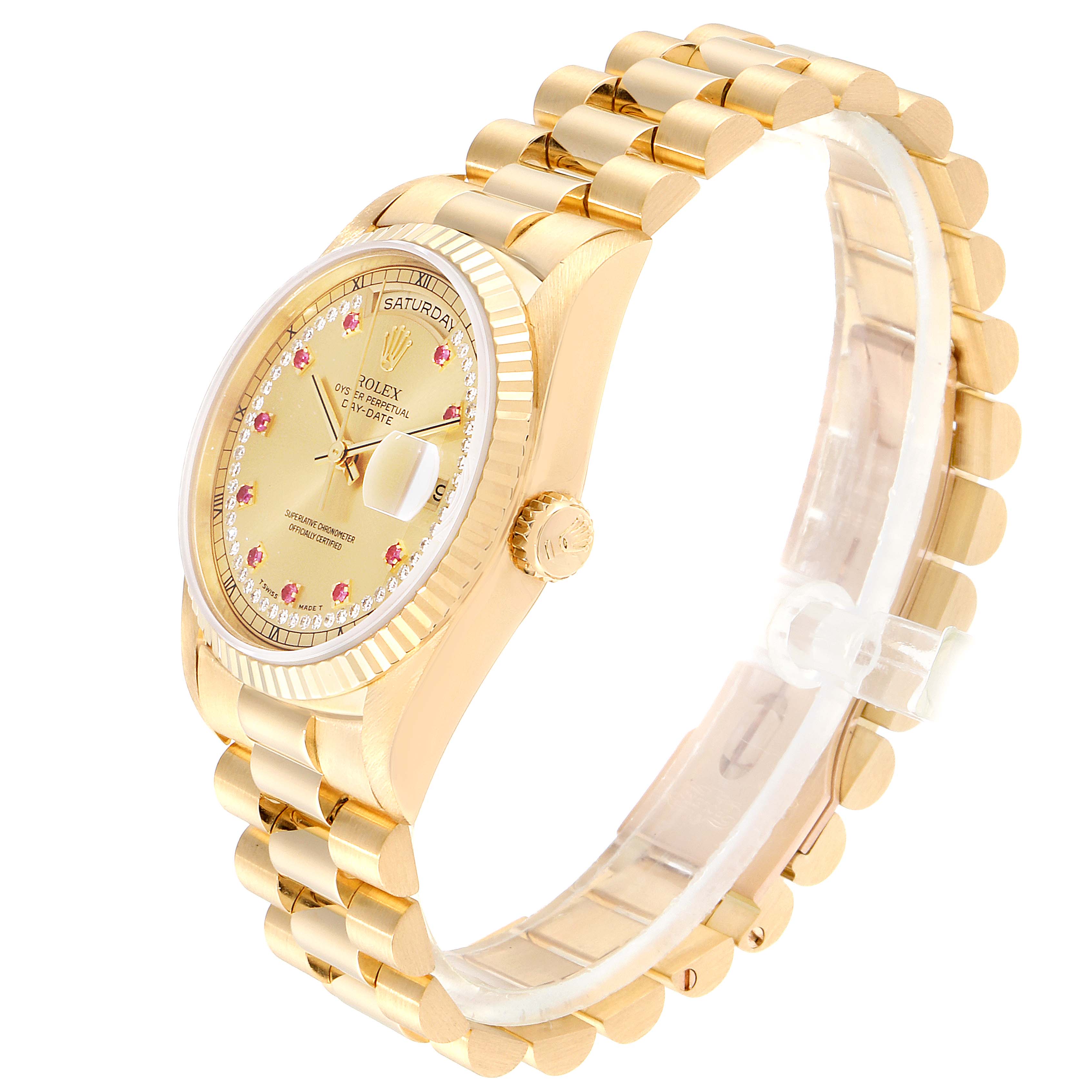 This is a side angle view of the Rolex President 18238 Men
s Yellow Gold Champagne Dial 18238 Men
s Yellow Gold Champagne Dial model watch, highlighting its gold bracelet, case, and dial with diamond markers.
