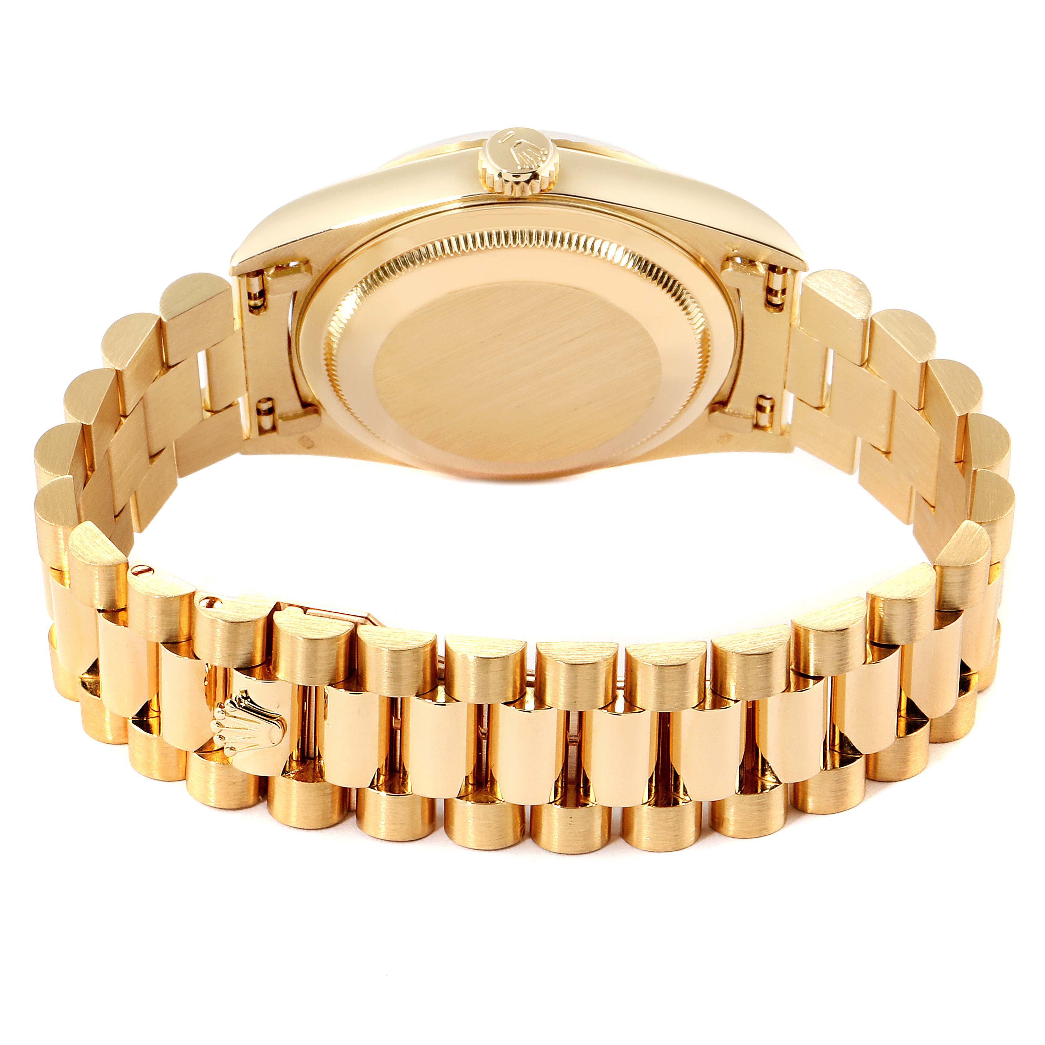 This image shows the back of the Rolex President 18238 Men
s Yellow Gold Champagne Dial 18238 Men
s Yellow Gold Champagne Dial model watch, focusing on its gold case and bracelet with the clasp detail.