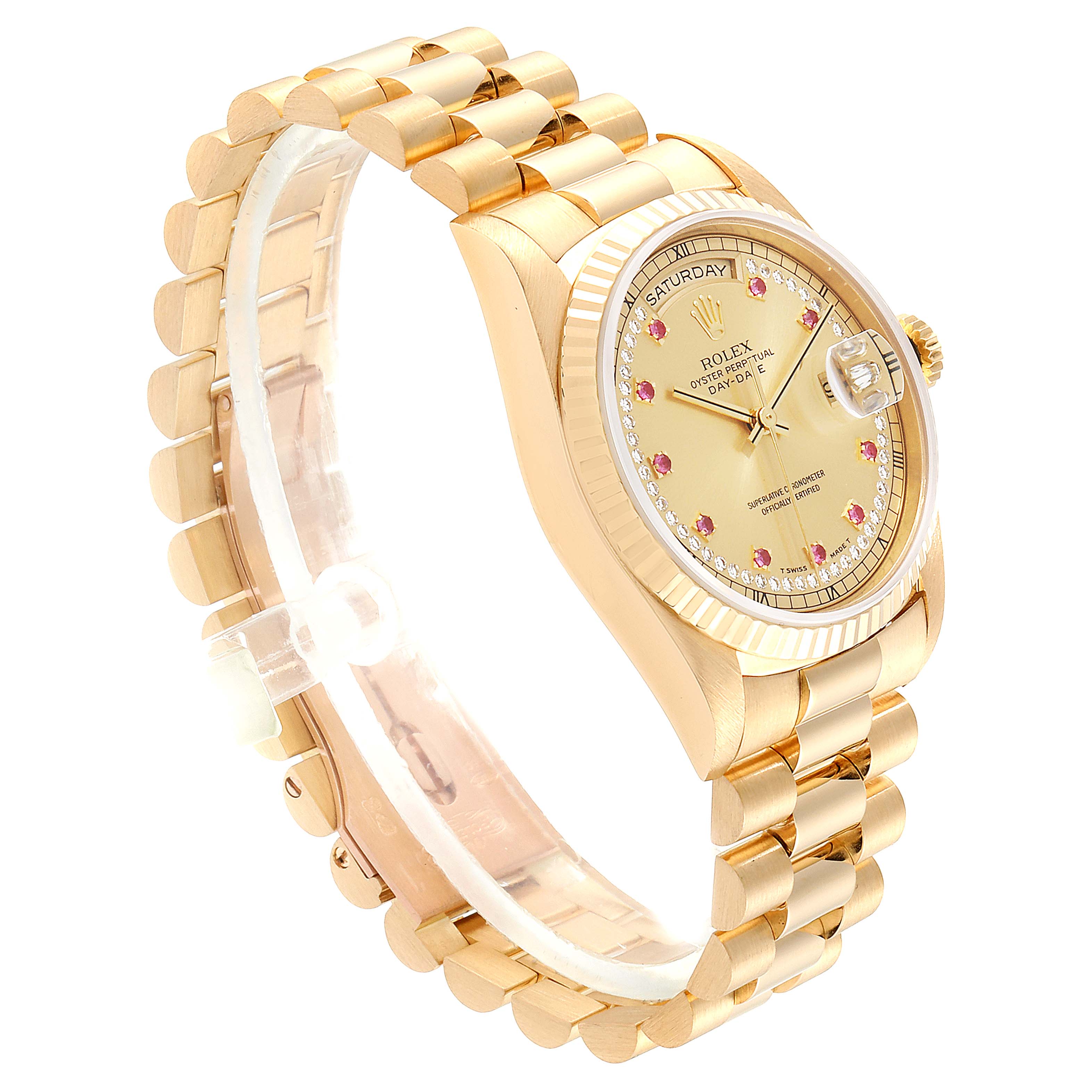 The image shows a side-angle view of the Rolex President 18238 Men
s Yellow Gold Champagne Dial 18238 Men
s Yellow Gold Champagne Dial model watch, highlighting the bracelet, case, dial, and date window.