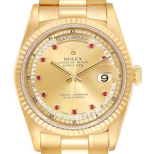 Photo of Rolex President Day-Date Yellow Gold String Diamond Ruby Dial Watch 18238