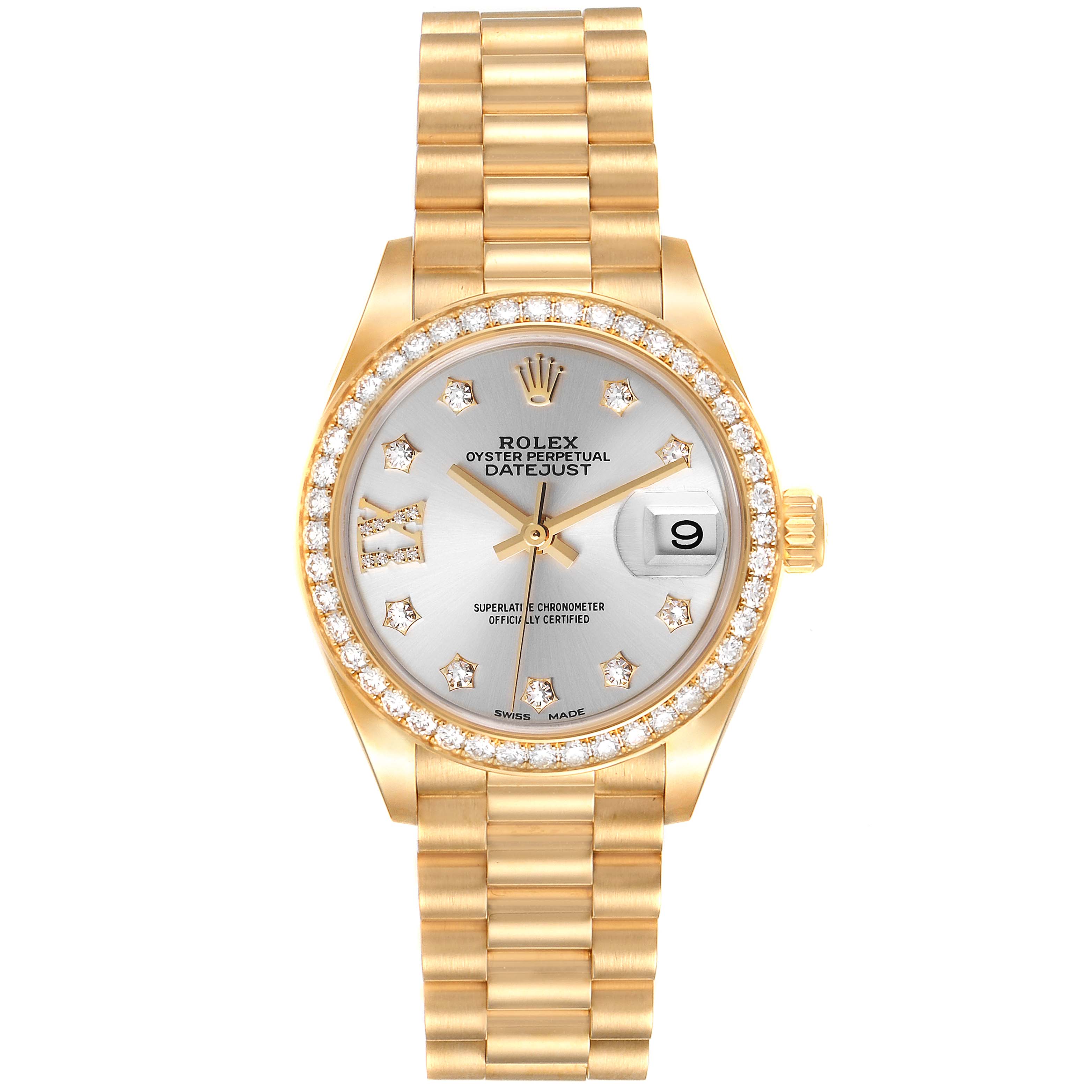 The image shows a front view of a Rolex President 279138 Women's Yellow Gold Silver Dial 279138 Women's Yellow Gold Silver Dial model, featuring the dial, bezel, and band.