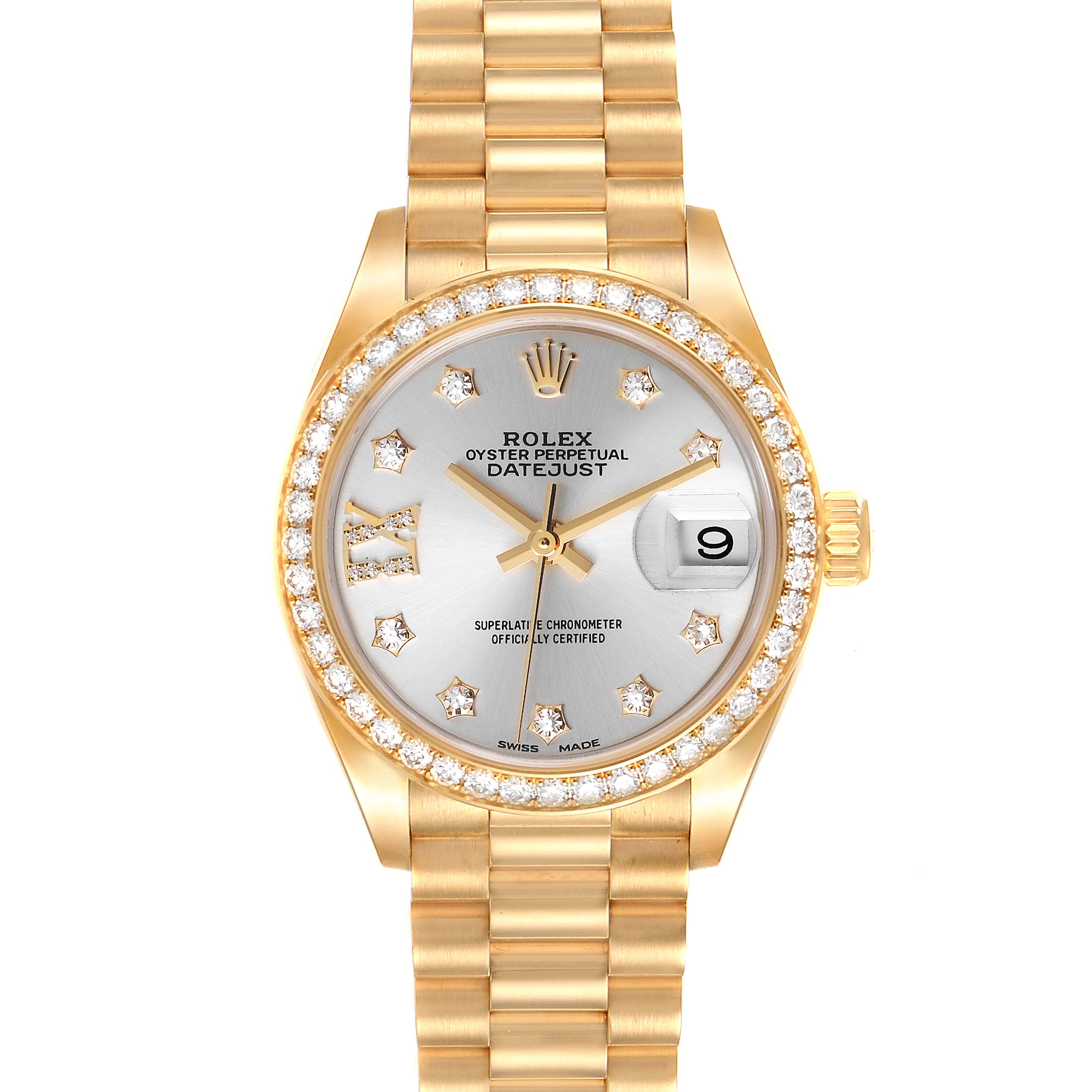 The image shows a frontal view of the Rolex President 279138 Women's Yellow Gold Silver Dial 279138 Women's Yellow Gold Silver Dial Datejust watch, highlighting its face, bezel, crown, and bracelet.