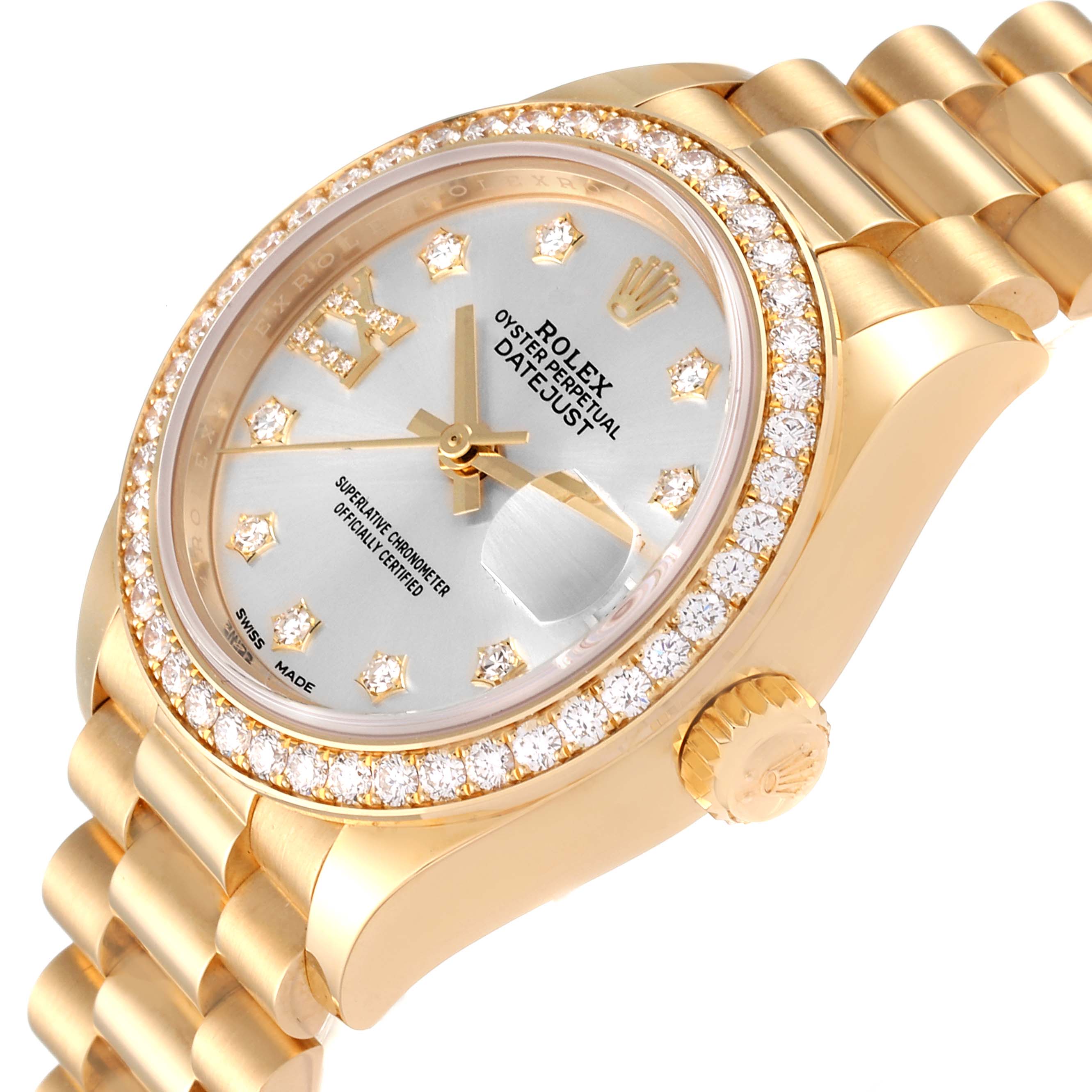 The image shows a close-up angle of the Rolex President 279138 Women's Yellow Gold Silver Dial 279138 Women's Yellow Gold Silver Dial model watch, highlighting the dial, bezel, and part of the bracelet.