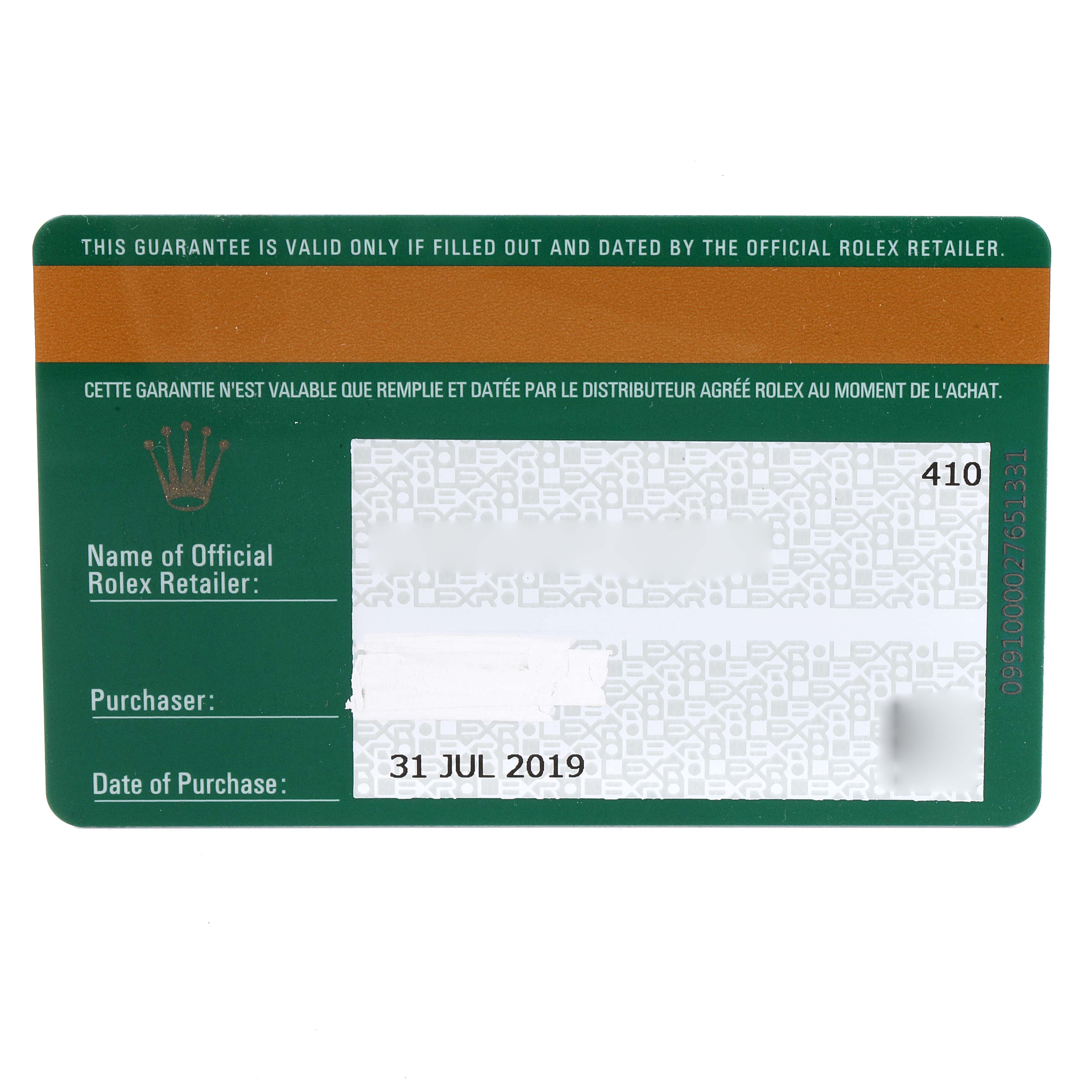 This is a warranty card for the Rolex President 279138 Women's Yellow Gold Silver Dial 279138 Women's Yellow Gold Silver Dial model, showing the retailer's name, purchaser, and date of purchase.