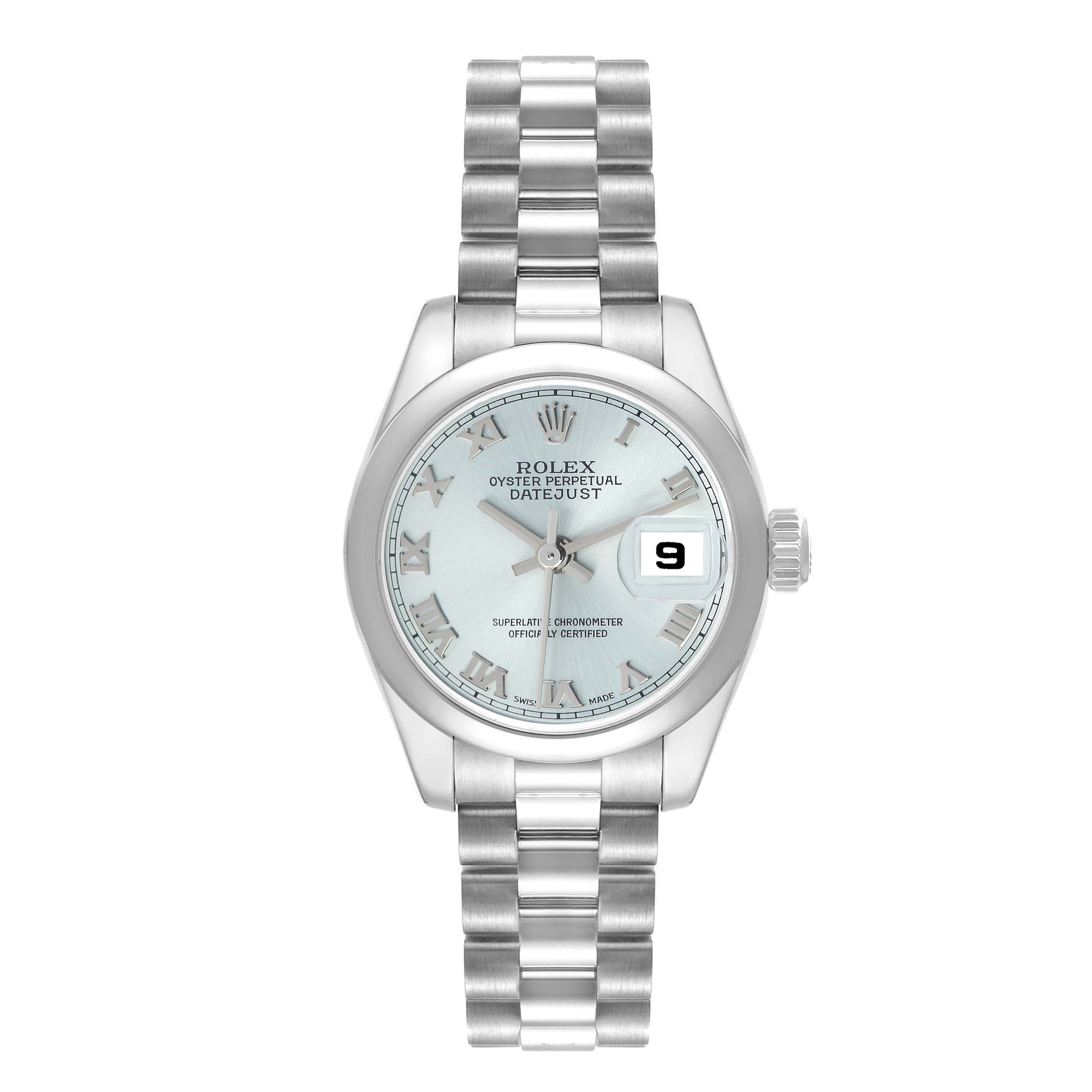 The Rolex President 179166 Women
s Platinum Blue Dial model watch is shown facing forward, highlighting the dial, date window, and bracelet.