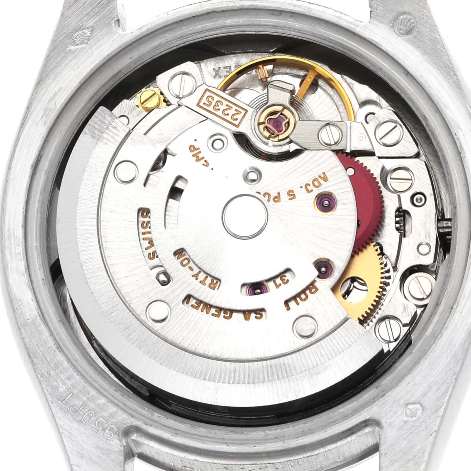The image shows the internal movement mechanism of a Rolex President 179166 Women
s Platinum Blue Dial watch from a top-down angle.