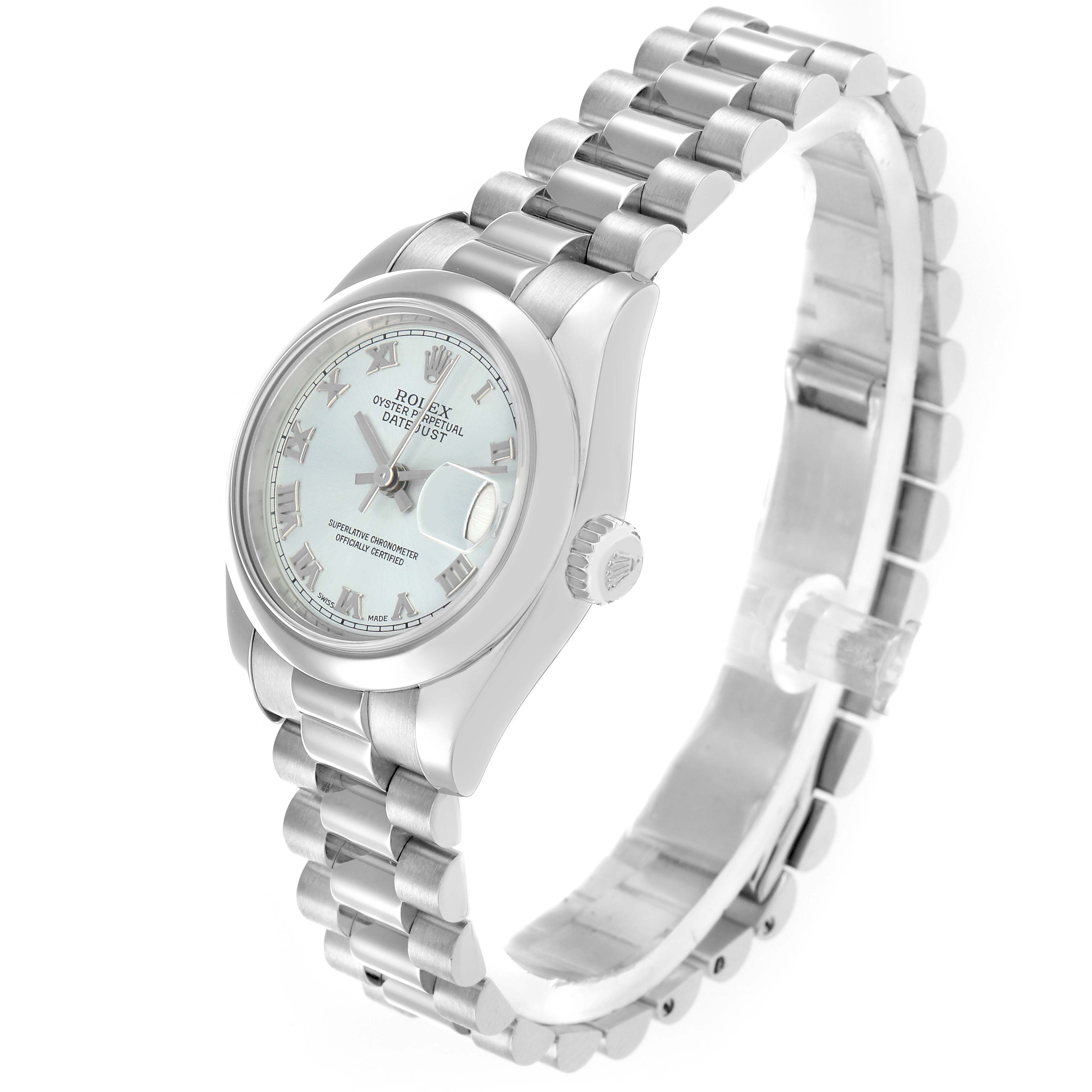 The Rolex President 179166 Women
s Platinum Blue Dial model watch is shown at a three-quarter angle, displaying the dial, bracelet, and crown clearly.