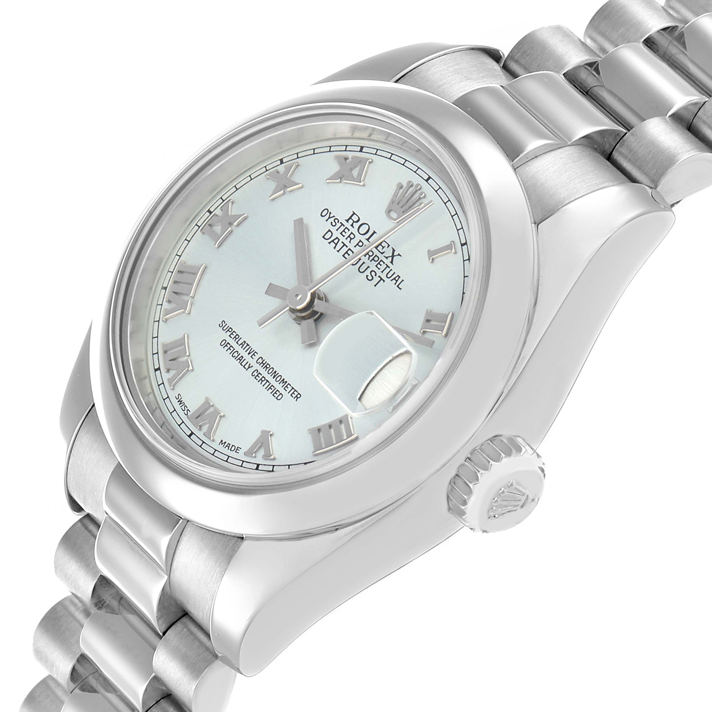 The Rolex President 179166 Women
s Platinum Blue Dial watch is shown at a slight angle, highlighting the face, bracelet, crown, and date magnifier.