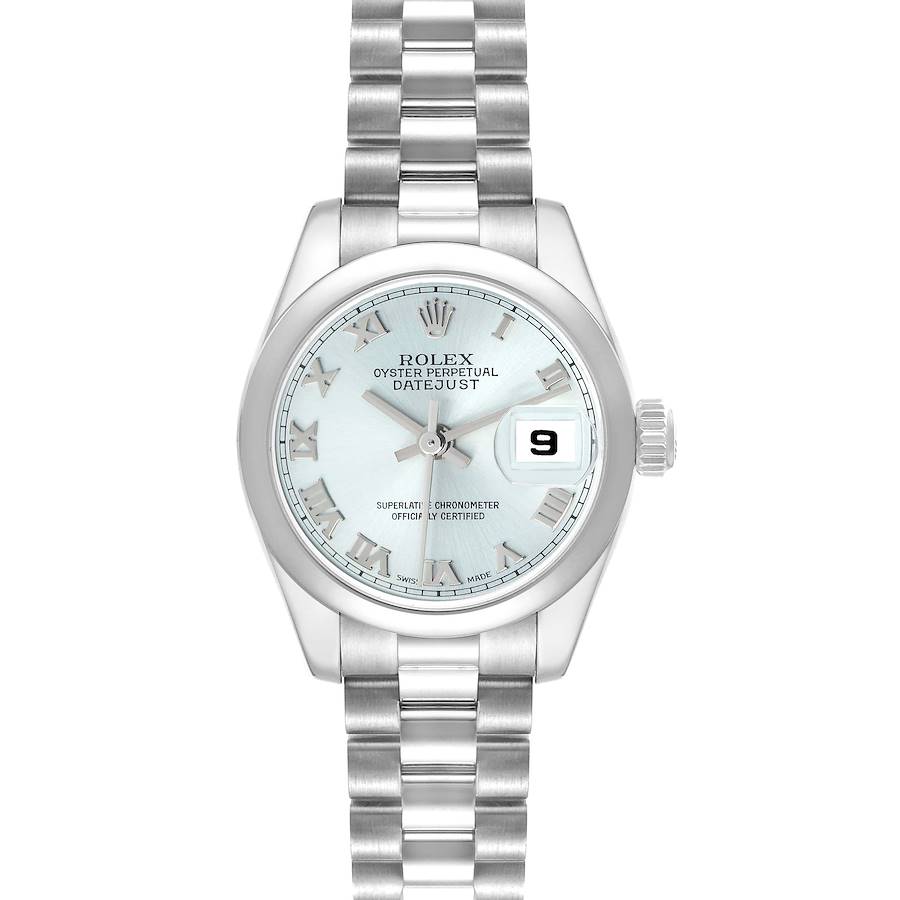 The Rolex President 179166 Women's Platinum Blue Dial watch is shown from a top-down angle, highlighting the face, bezel, and part of the bracelet.