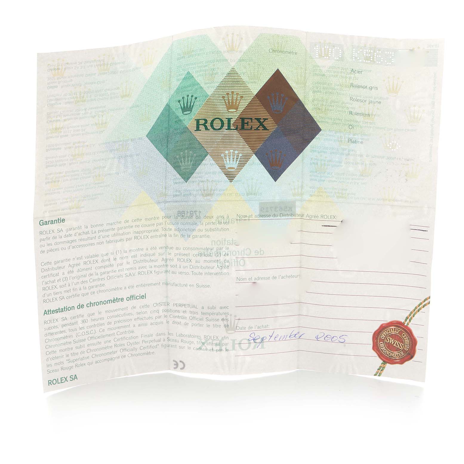 The image shows the warranty certificate for a Rolex President 179166 Women
s Platinum Blue Dial model, including text, a seal, and the Rolex logo.