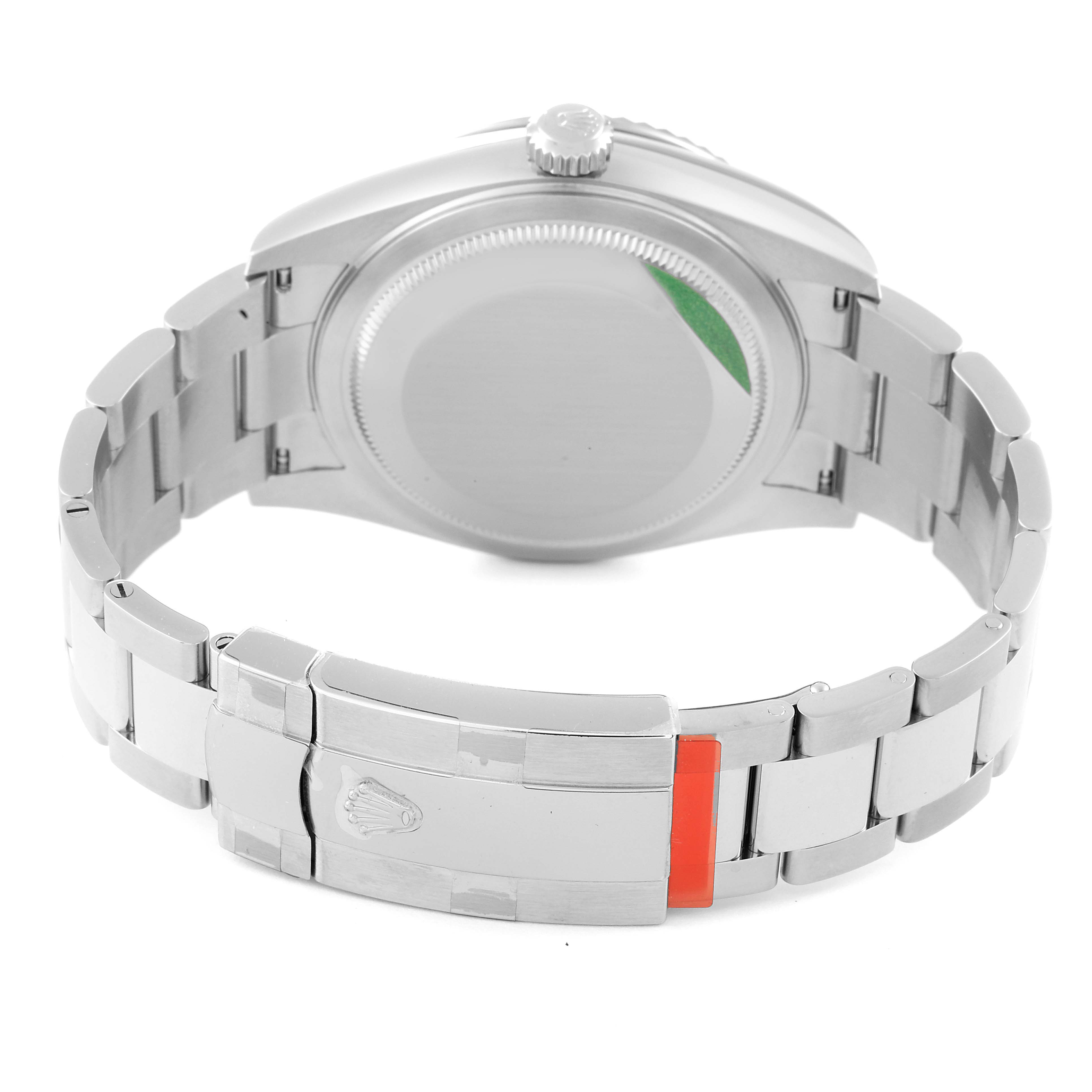 The image shows the case back, crown, and bracelet clasp of a Rolex Sky-Dweller 326934 Men's Stainless Steel Black Dial 326934 Men's Stainless Steel Black Dial watch from a rear angle.