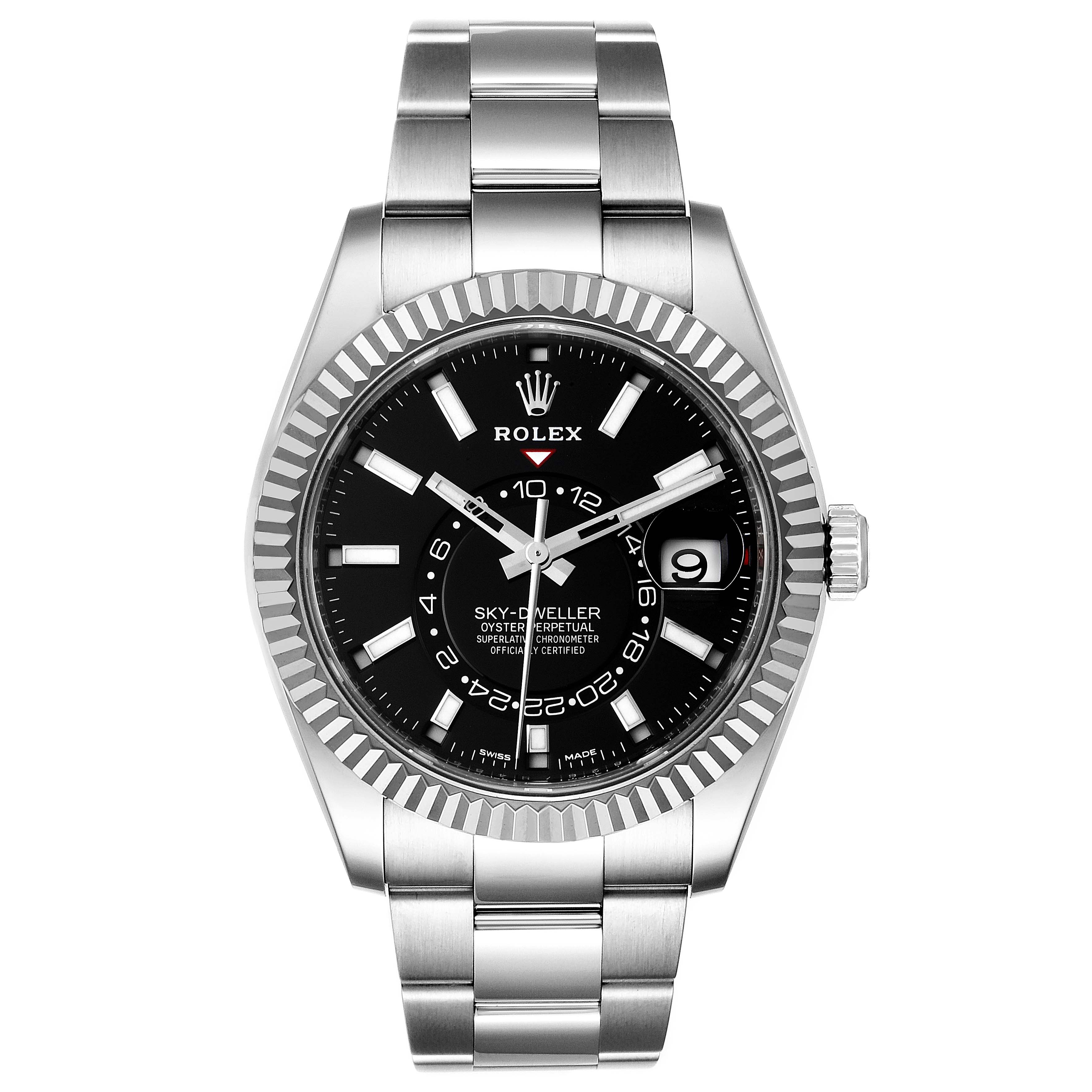 The image shows a front view of the Rolex Sky-Dweller 326934 Men's Stainless Steel Black Dial 326934 Men's Stainless Steel Black Dial watch, highlighting its face, bezel, bracelet, and crown.