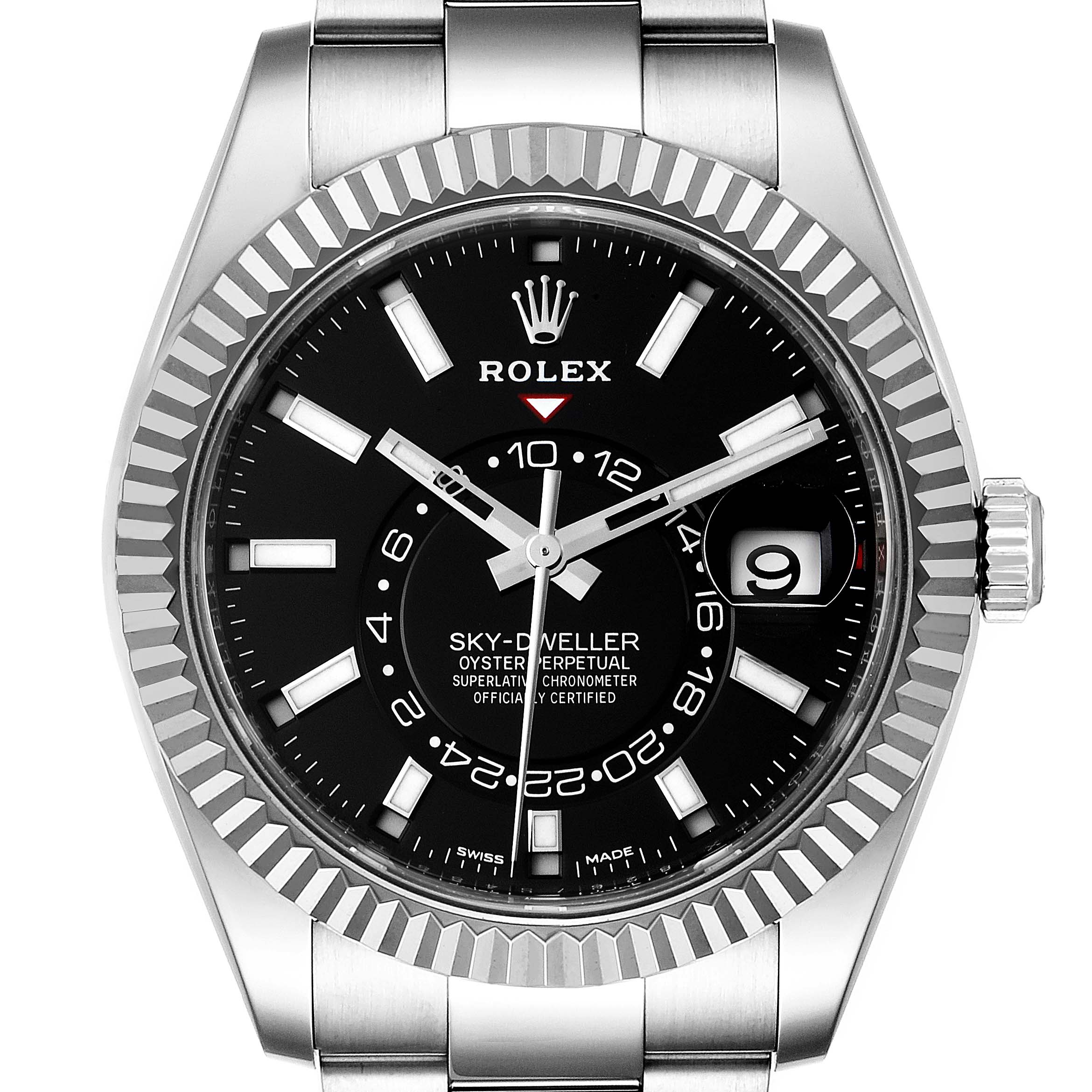 This image shows a front view of a Rolex Sky-Dweller 326934 Men's Stainless Steel Black Dial 326934 Men's Stainless Steel Black Dial watch, highlighting the dial, bezel, and part of the bracelet.