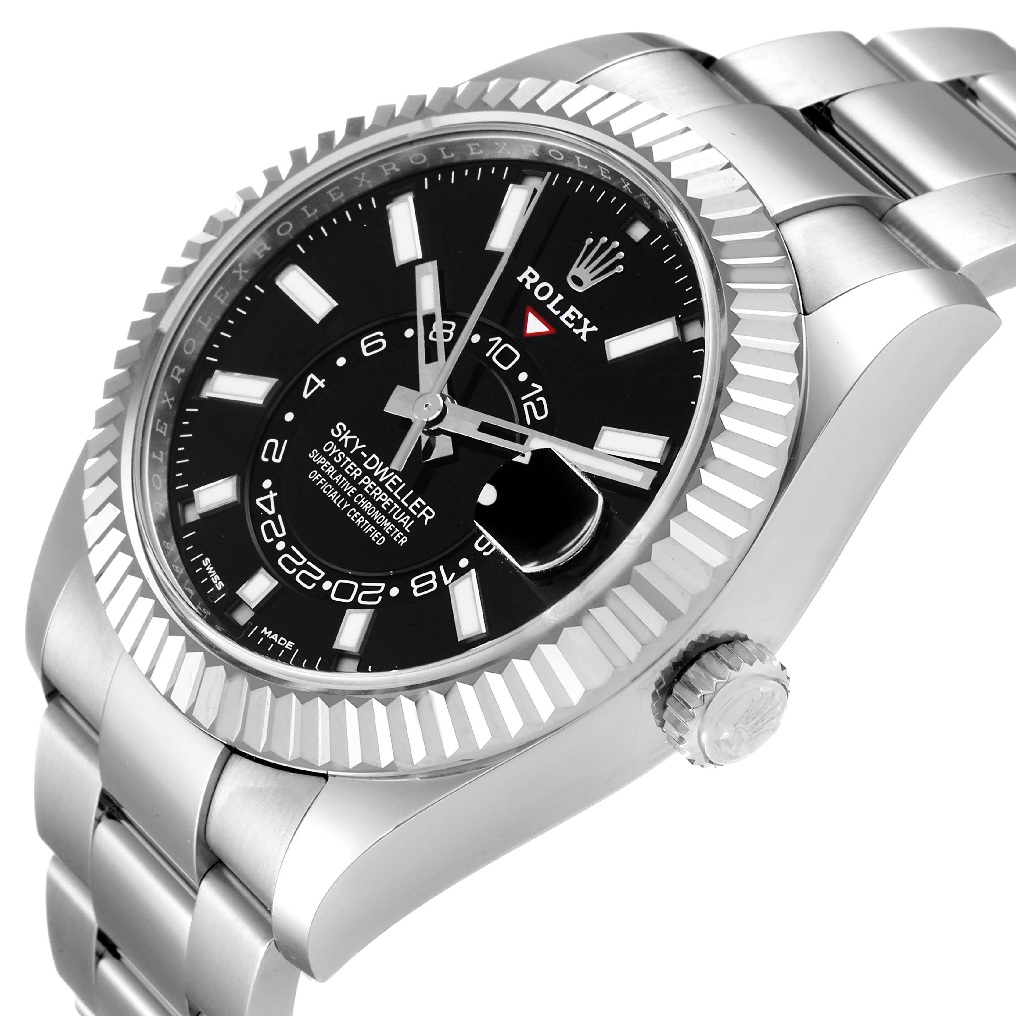 The image shows a close-up angled view of the Rolex Sky-Dweller 326934 Men's Stainless Steel Black Dial 326934 Men's Stainless Steel Black Dial watch, highlighting the dial, bezel, crown, and bracelet.