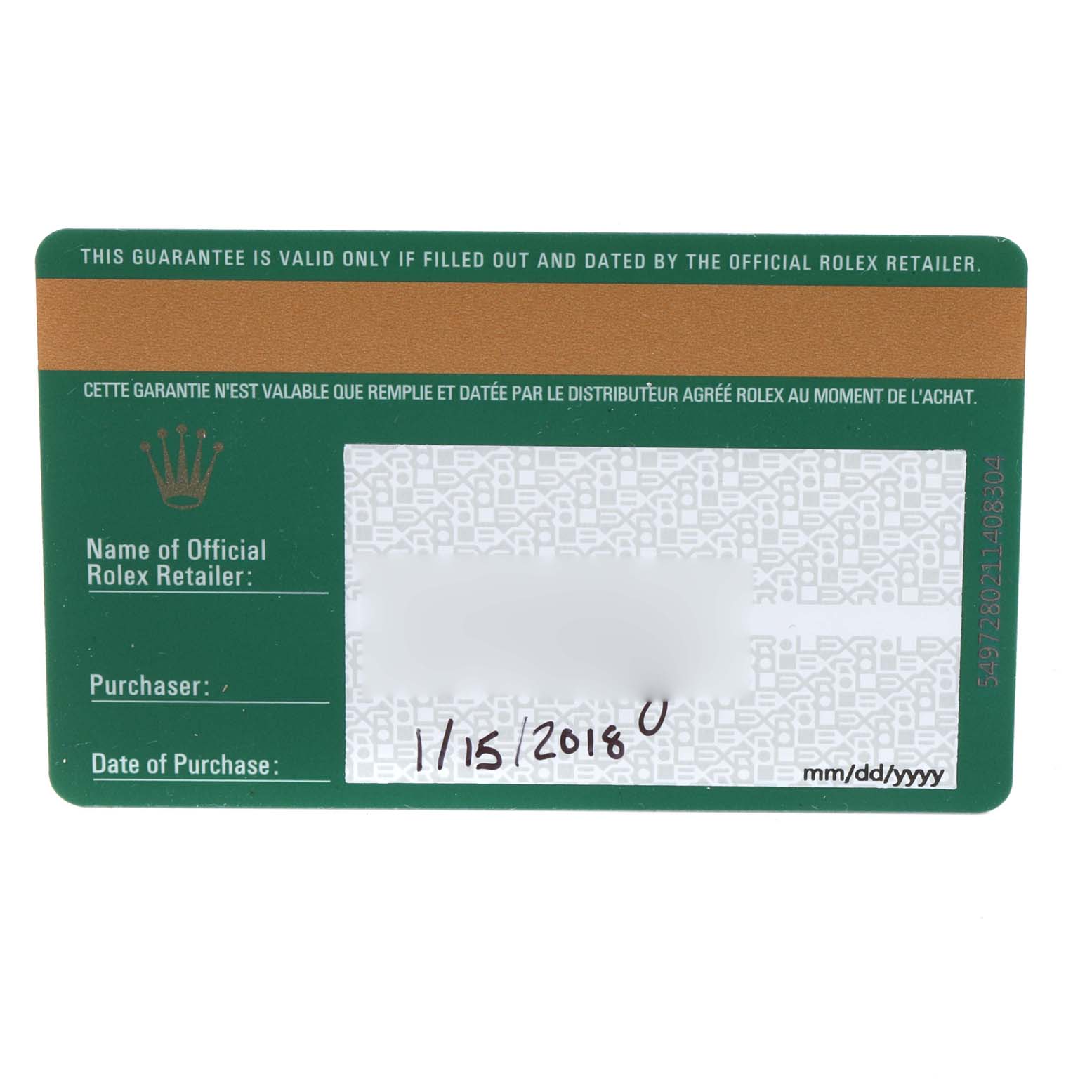 This image shows the guarantee card for a Rolex Sky-Dweller 326934 Men's Stainless Steel Black Dial 326934 Men's Stainless Steel Black Dial, providing details like retailer, purchaser, and date of purchase.