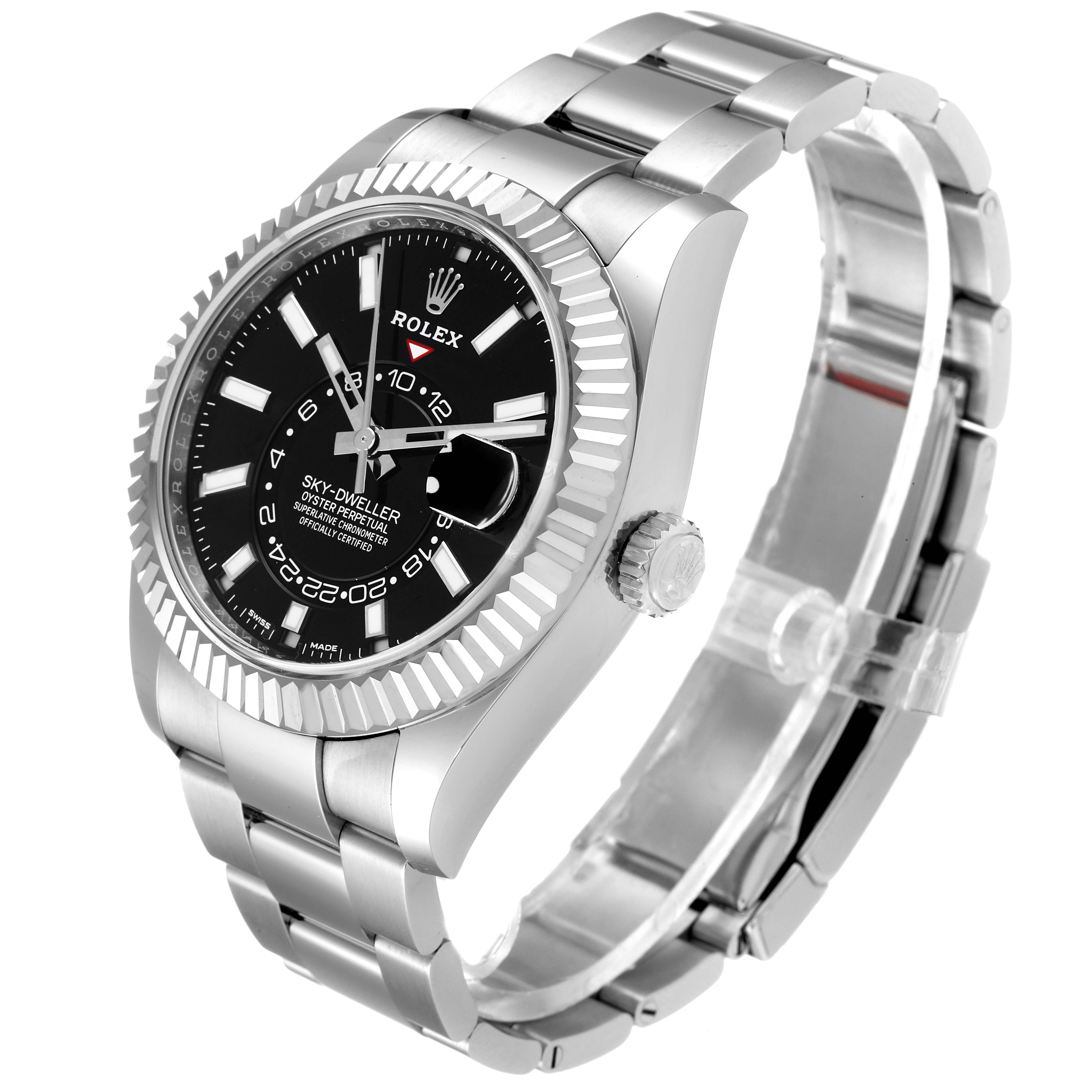 The image shows a Rolex Sky-Dweller 326934 Men's Stainless Steel Black Dial 326934 Men's Stainless Steel Black Dial watch at an angle highlighting the black dial, rotating bezel, and the metallic bracelet.