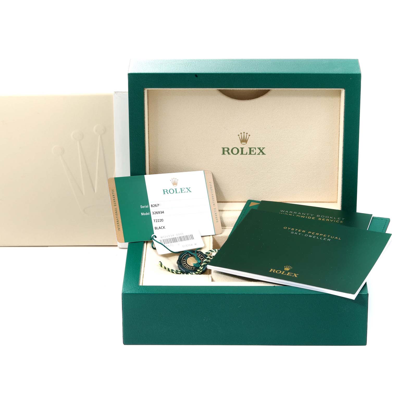 The image shows a Rolex Sky-Dweller 326934 Men's Stainless Steel Black Dial 326934 Men's Stainless Steel Black Dial box, warranty card, tag, and manuals viewed from the front.