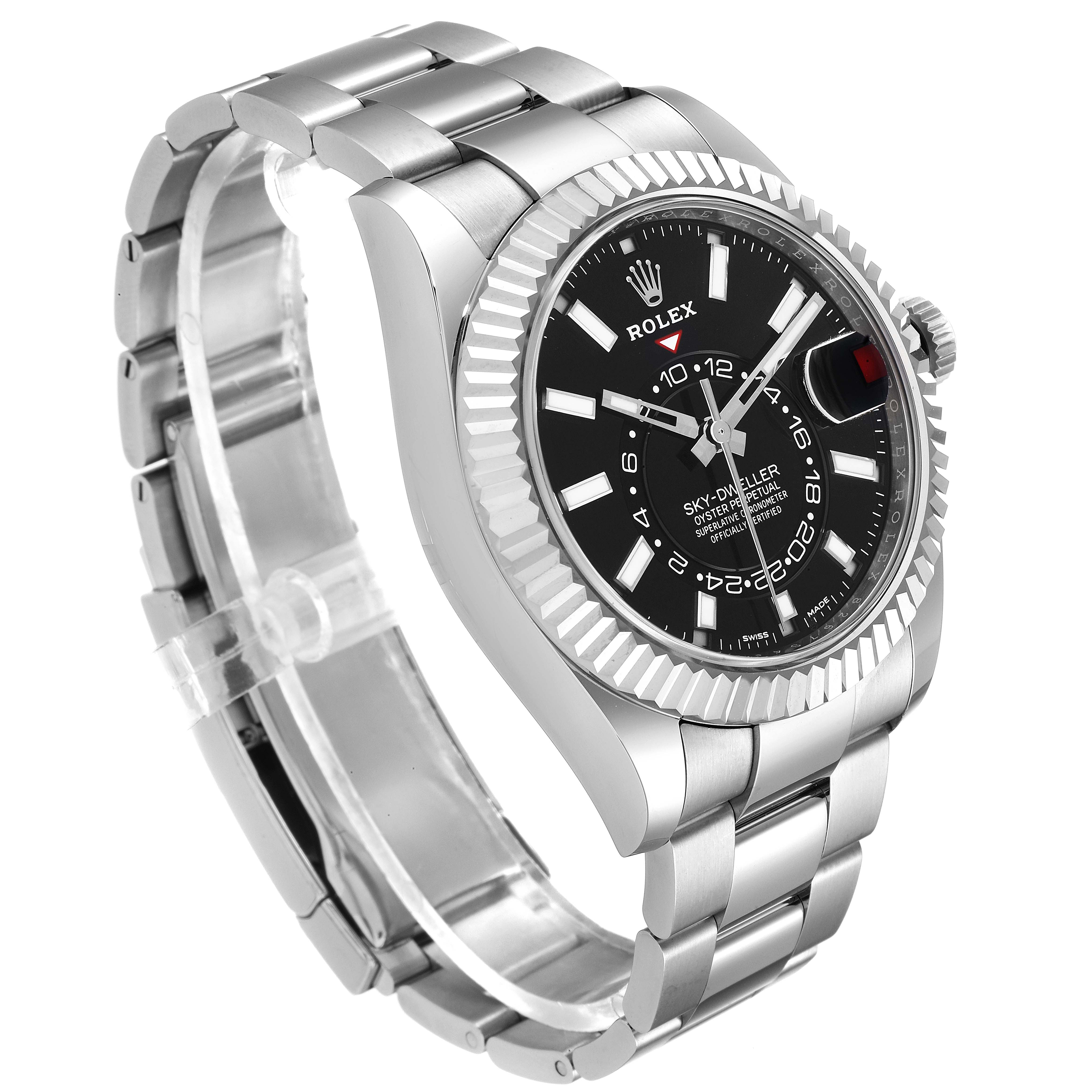 The image shows a side angle of a Rolex Sky-Dweller 326934 Men's Stainless Steel Black Dial 326934 Men's Stainless Steel Black Dial watch, highlighting the face, bezel, and part of the bracelet.